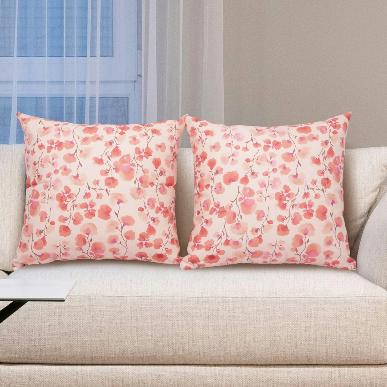 Betadistor Cushion Cover Pink Flowers Decorations Lovers Floral Gifts for Women Her Valentine's Day Decor Home Throw Pillow Case for Garden Livingroom Couch Patio Sofa 18X18 Set 2 - Image 3