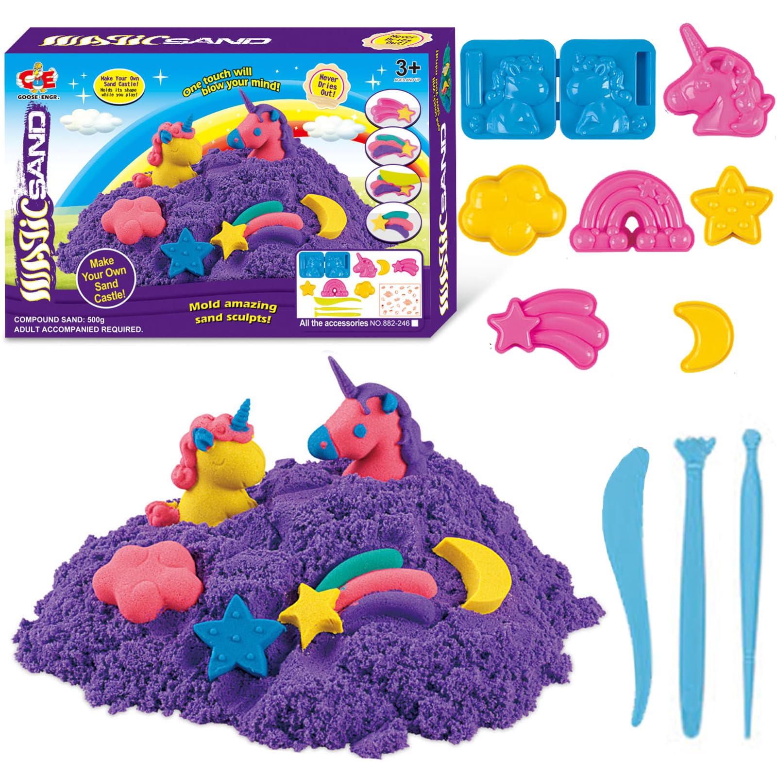Unicorn Play Sand Kit for Girls, Sensory Bin Sand Accessories Set with Magic Colored Sand, Unicorn Rainbow Molds, Tools, Ice Cream Sand Art Playset for Toddlers Unicorn Toys for Kids Ages 3 4 5 6 7 8