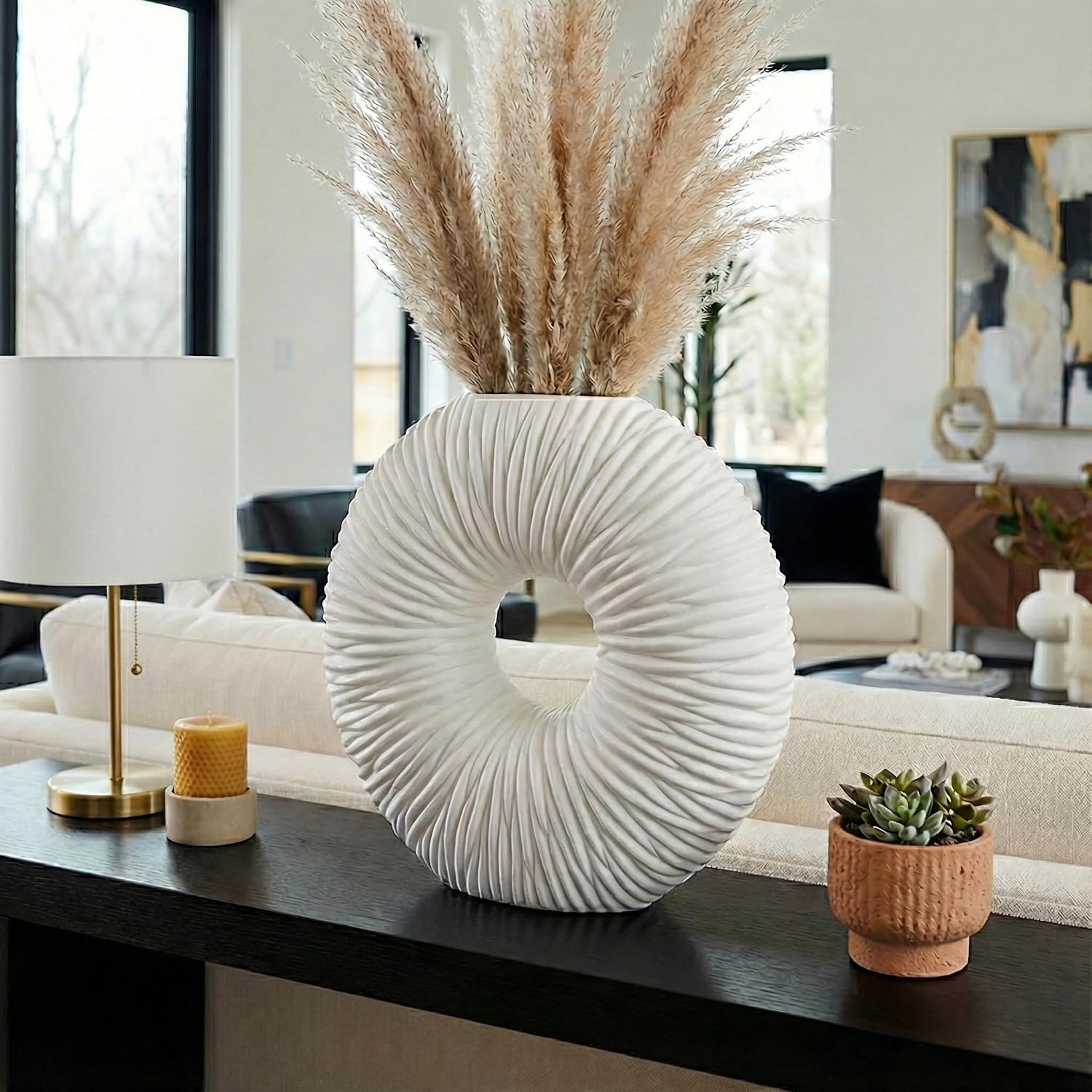 Elegant Circular Quartz Resin Vase for Living Room Decor - Sculptural Home Display Accent with Open Center Design - Minimalist Flower Vase for Room, Bedroom, House, Office, and Table - 21", White