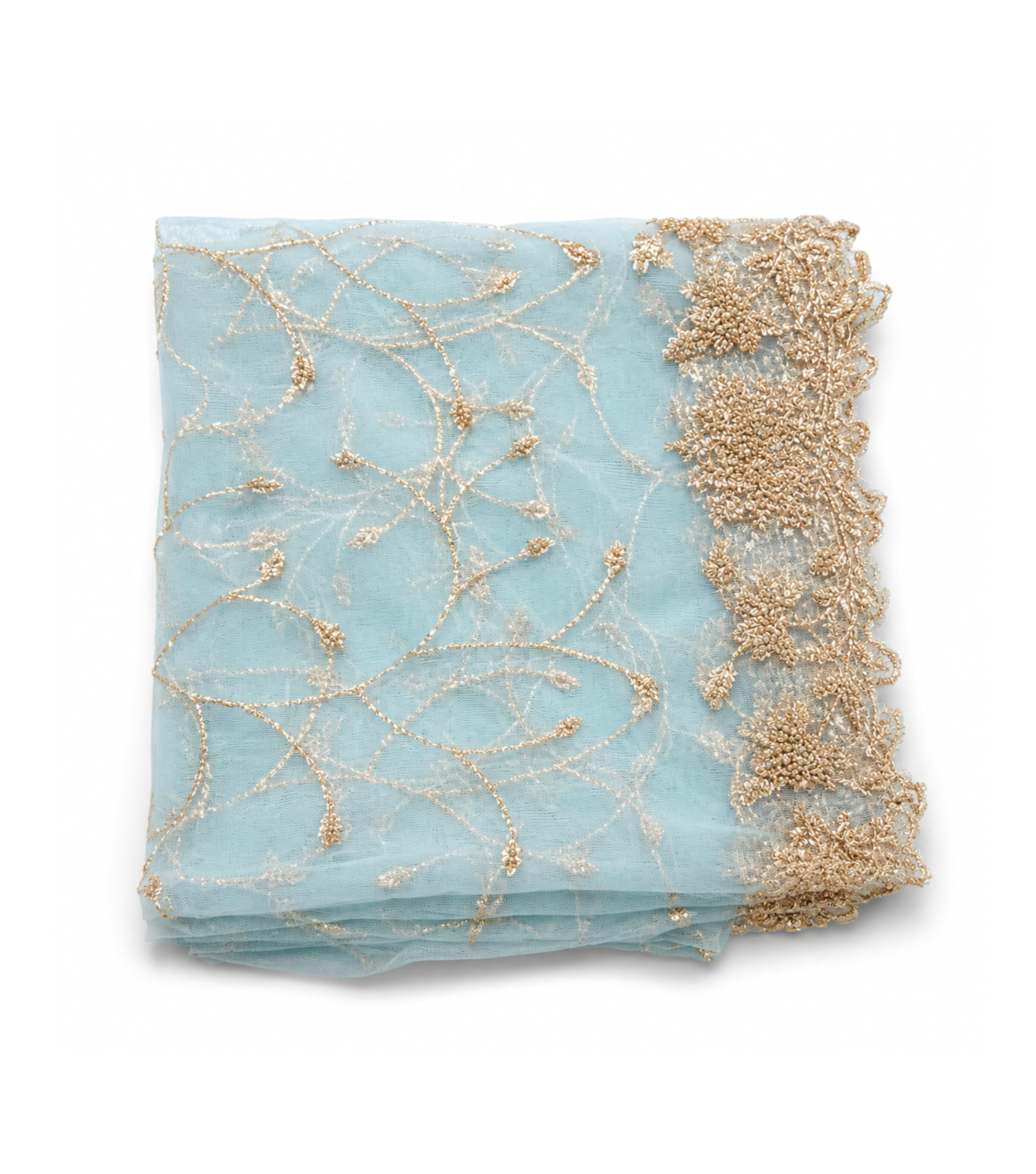 Wedding Shawl, Net Fabric, Gold Embroidery with Bead Design Work, Teal Blue-picture-28