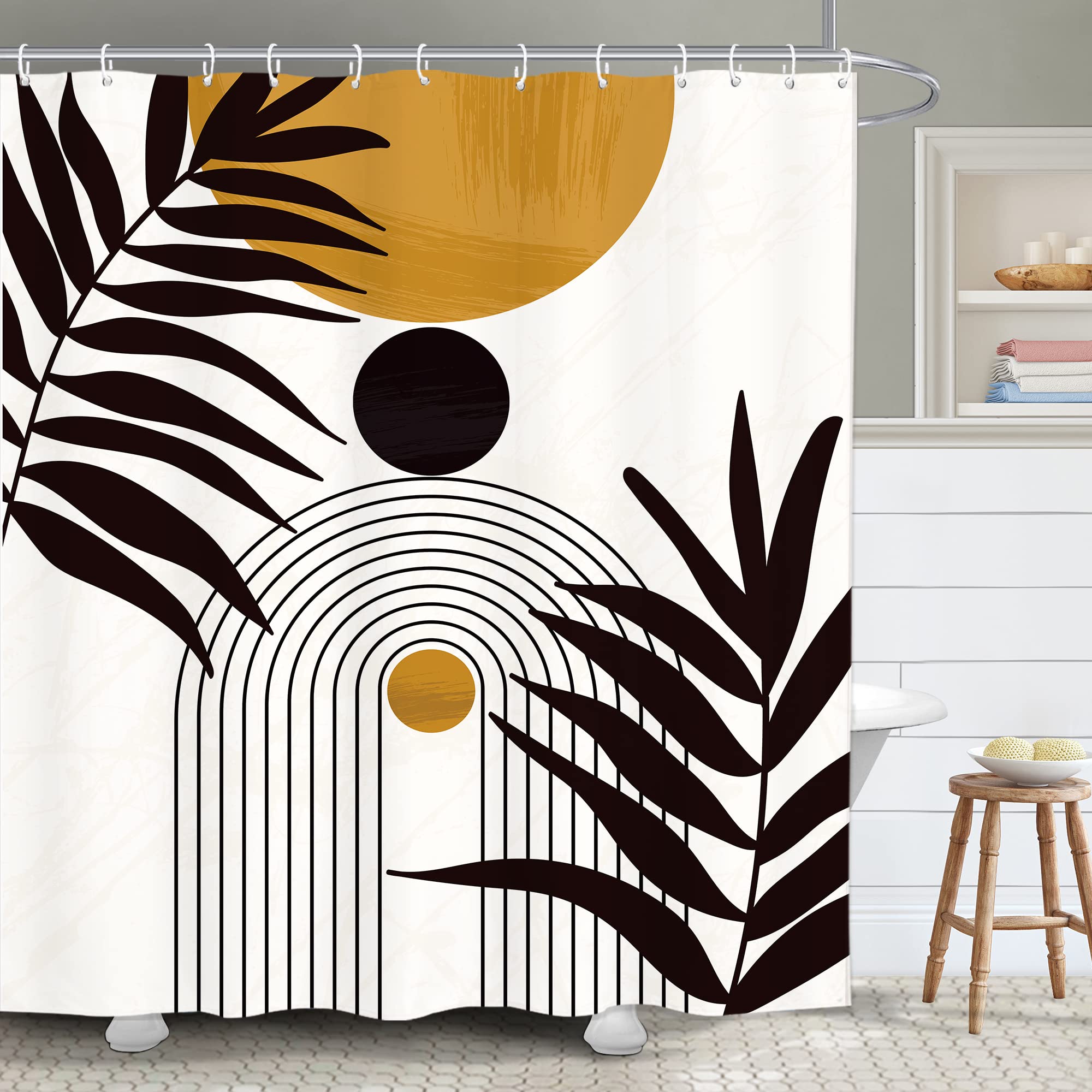 Yookeb Abstract Mid Century Bathroom Shower Curtain 60W by 71H Inch Minimalist Modern Leaves Plant Arch Geometric Neutral Aesthetic Contemporary