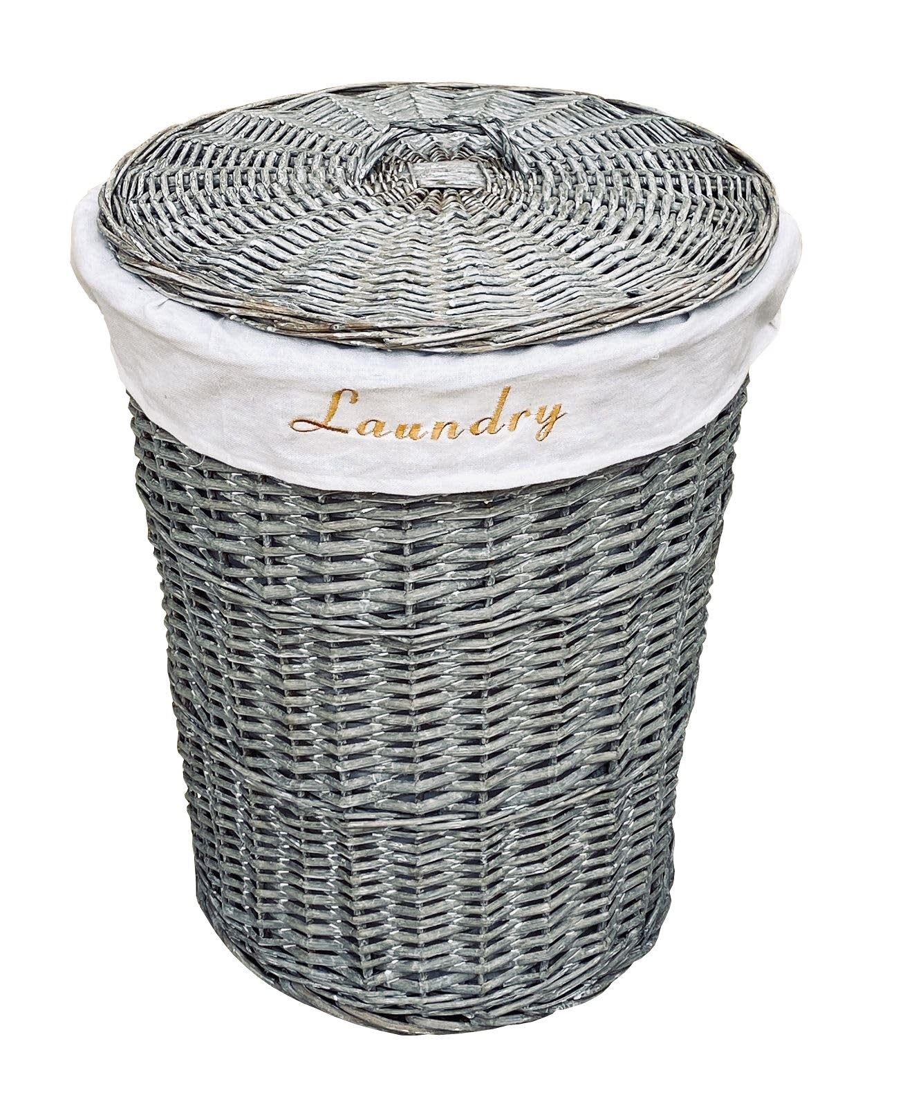 Topfurnishing Grey Round Wicker Washing Laundry Basket Lined Storage Basket With Lid Large 44 X 44 X 59 Cm