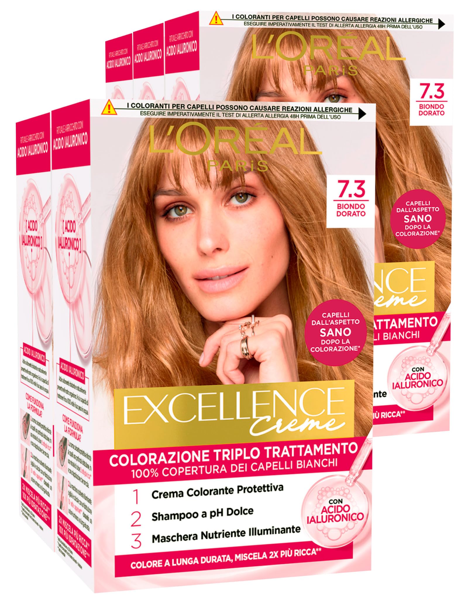 L'Oréal Paris Permanente Haarfarbe Excellence Creme 7.3 Goldblond Dreifach-Behandlungs-Färbung Langanhaltend mit Hyaluronsäure Deckt 100% der Grauen Haare ab - 5 Färbungen