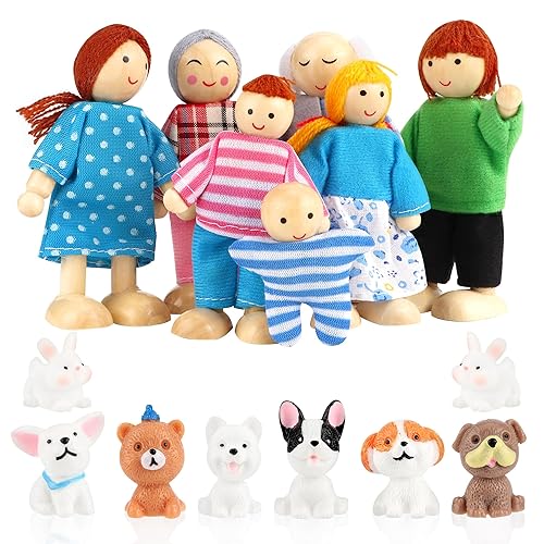 YiliYa Set di Bambole in Legno per Famiglie,15 Pezzi Casa