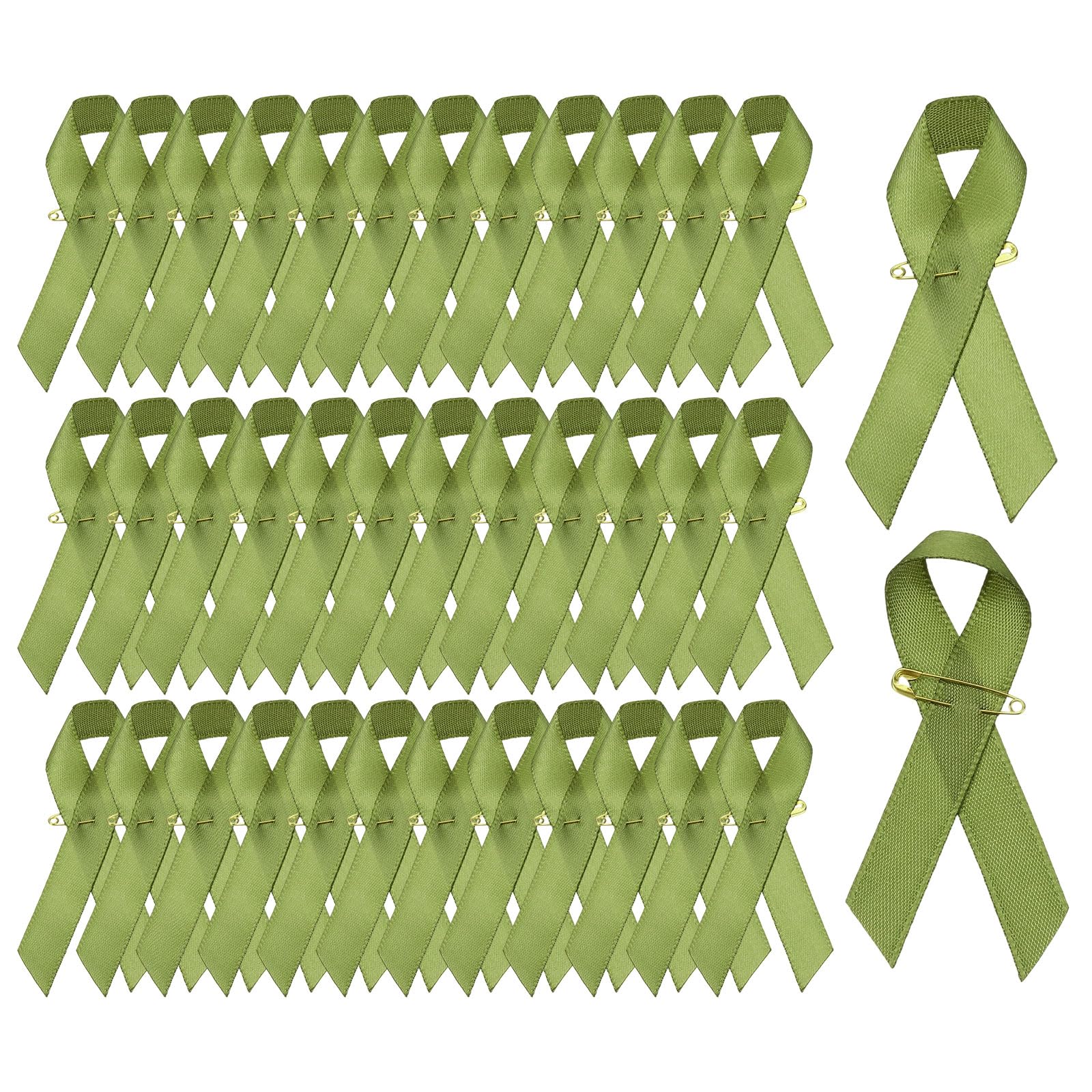 YELARXI Satin Awareness Ribbons, Satin Ribbon with Pins - Fitting for (Charity Public - Social Event - Party Event - Clothing Decoration) 100 Pcs & 3 Inch & Olive Green