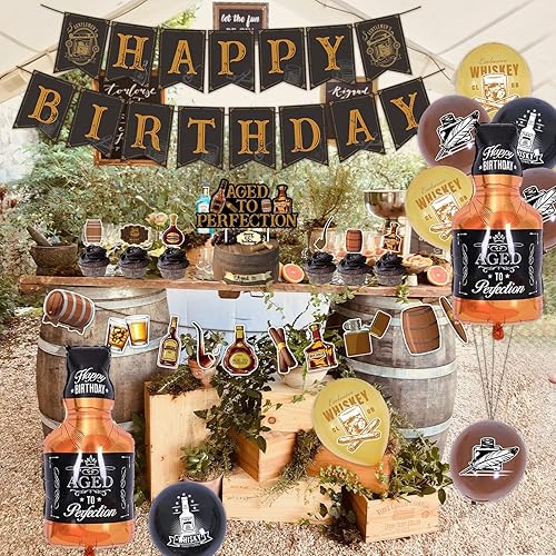 Miniatura 7 de Chilfamy Decoraciones de cumpleaños de whisky para hombres, suministros de fiesta de edad a la perfección con pancarta de feliz cumpleaños, pancarta