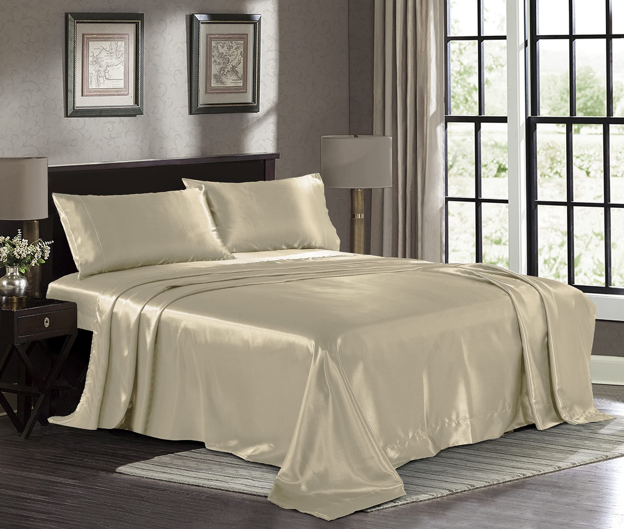 Satin Sheets Queen [4-Piece, Champagne Gold] Hotel Luxury Silky Bed Sheets - Extra Soft 1800 Microfiber Sheet Set, Wrinkle, Fade, Stain Resistant - Deep Pocket Fitted Sheet, Flat Sheet, Pillow Cases