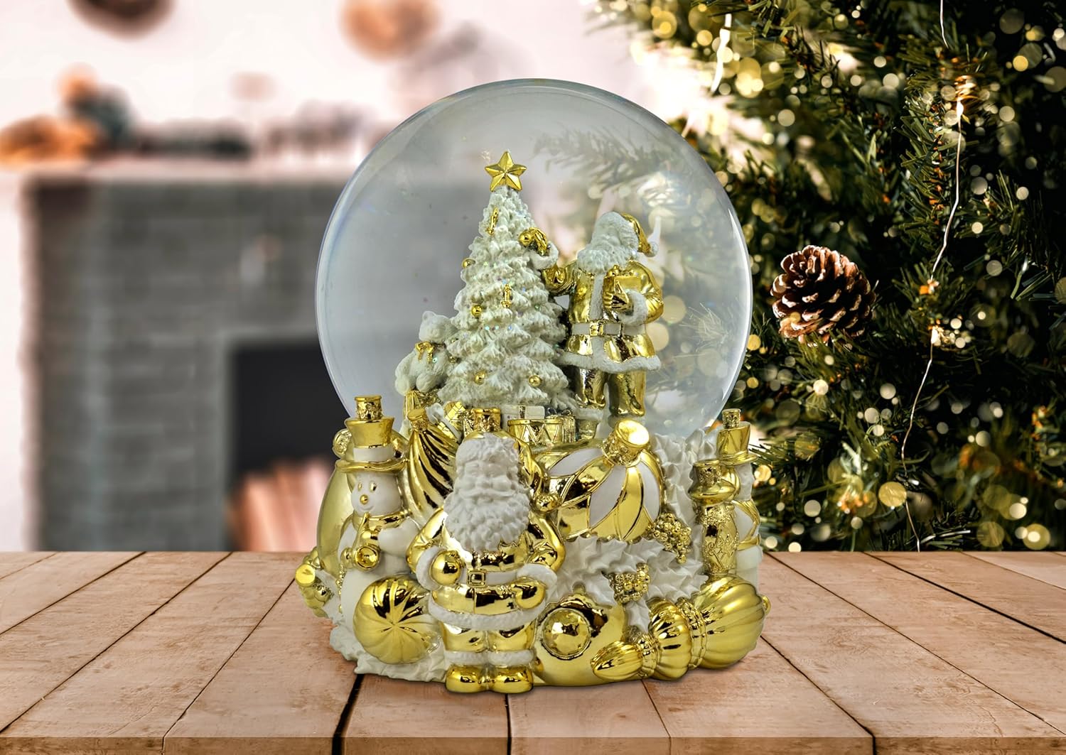150MM Lighted Blowing Musical Golden Santa and Tree Snow Globe by The San Francisco Music Box Company - Image 2