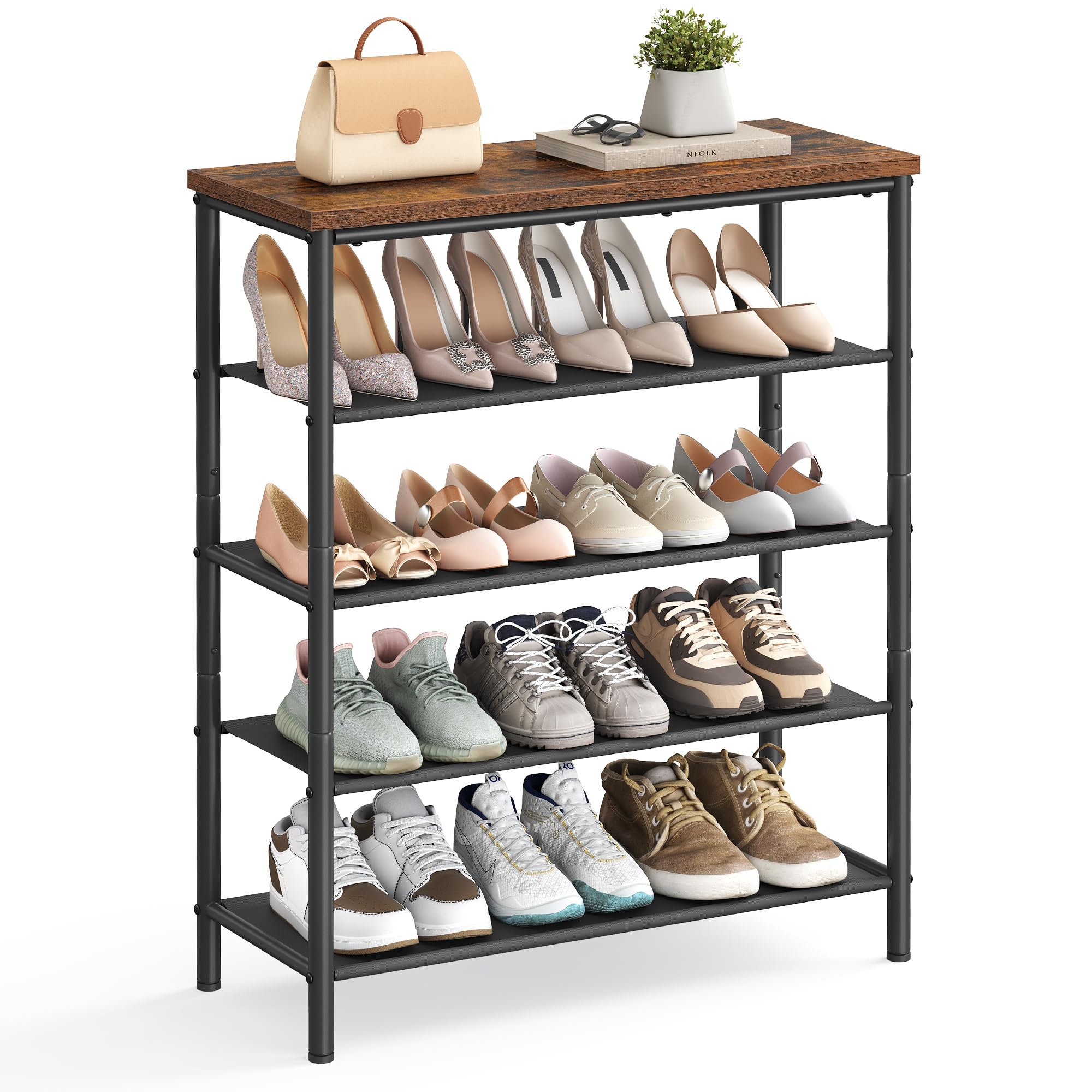 VASAGLE Shoe Rack 5 Tier, Narrow Shoe Storage Organiser for Wardrobe Hallway, with 4 Fabric Shelves and Top for Bags, Shoe Shelf, Steel Frame, Industrial, Rustic Brown and Black LBS036B01
