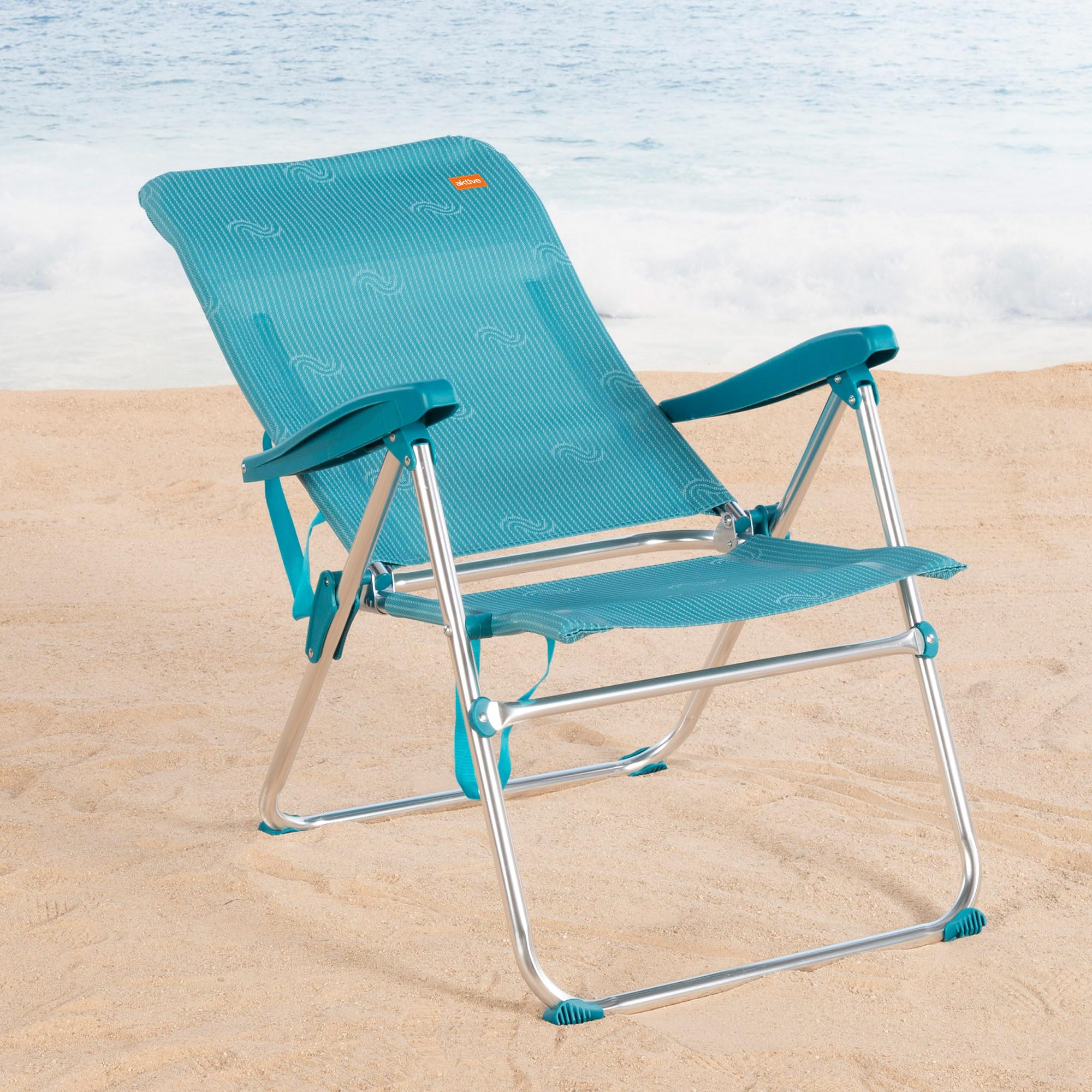 AKTIVE Silla de Playa Plegable, 5 Posiciones, Color Azul, Mide 47x62x95 cm, Soporta 110 kg, Topes antivuelco, Asas de Transporte, Sillas Respaldo reclinable (62467)