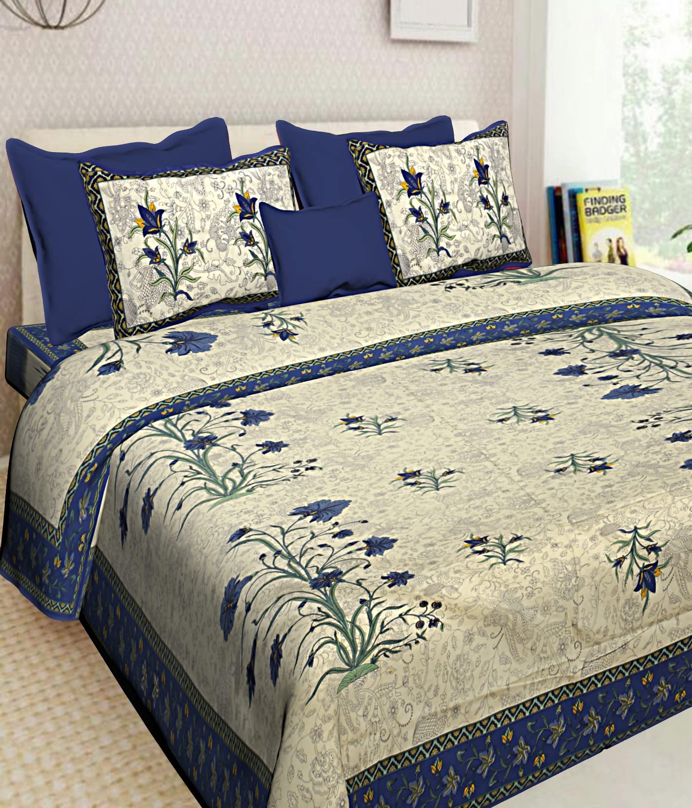 BOMBAY SPEED 280 TC Cotton King Size Floral Double Bedsheet with 2 Zip Pillow Cover (Blue)