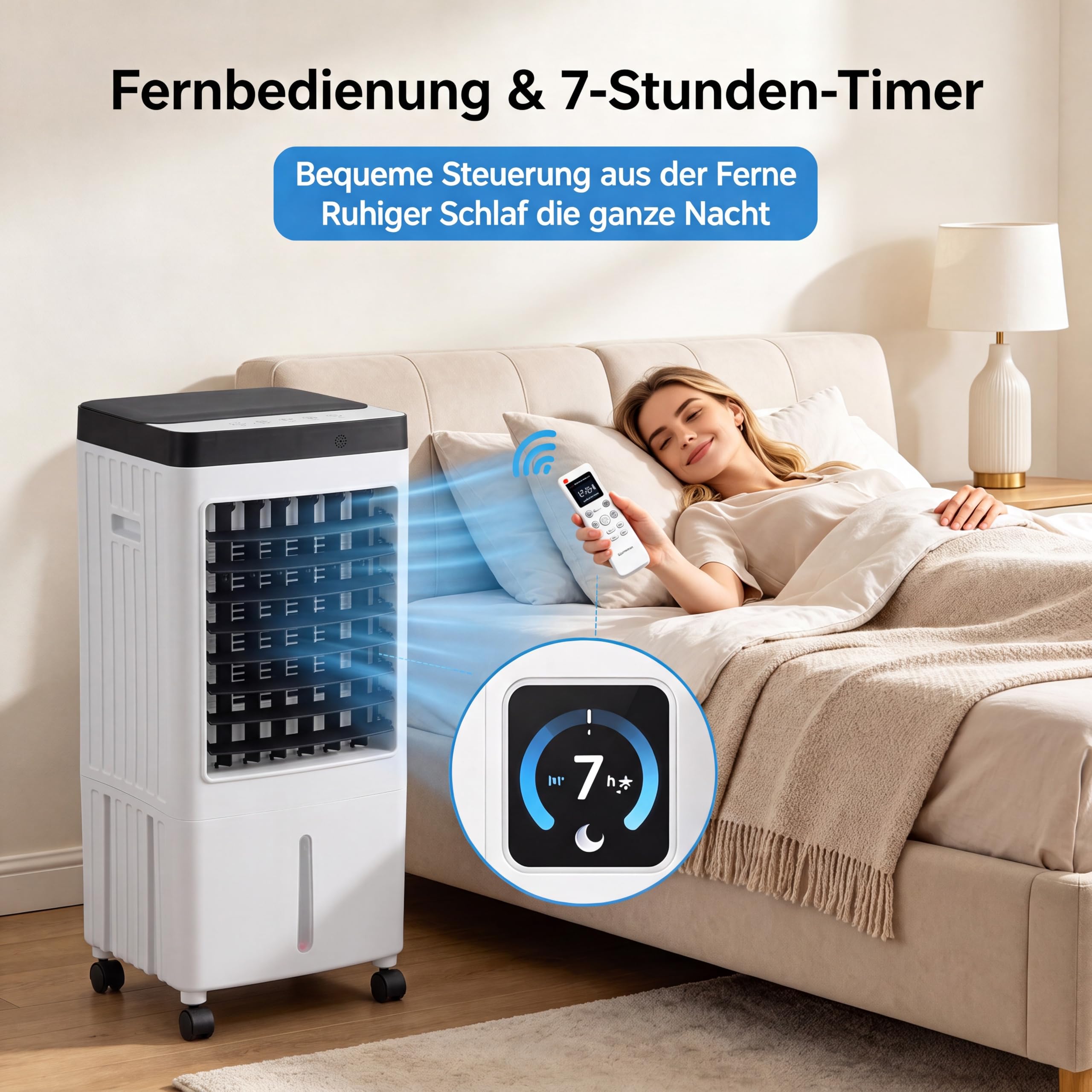 Verdunstungsluftkühler Mobiler Klimagerät Ohne Abluftschlauch | 10L Wassertank, 3 Geschwindigkeiten, Fernbedienung, 7h Timer, Oszillation, Energiesparend für Wohnzimmer Büro Schlafzimmer