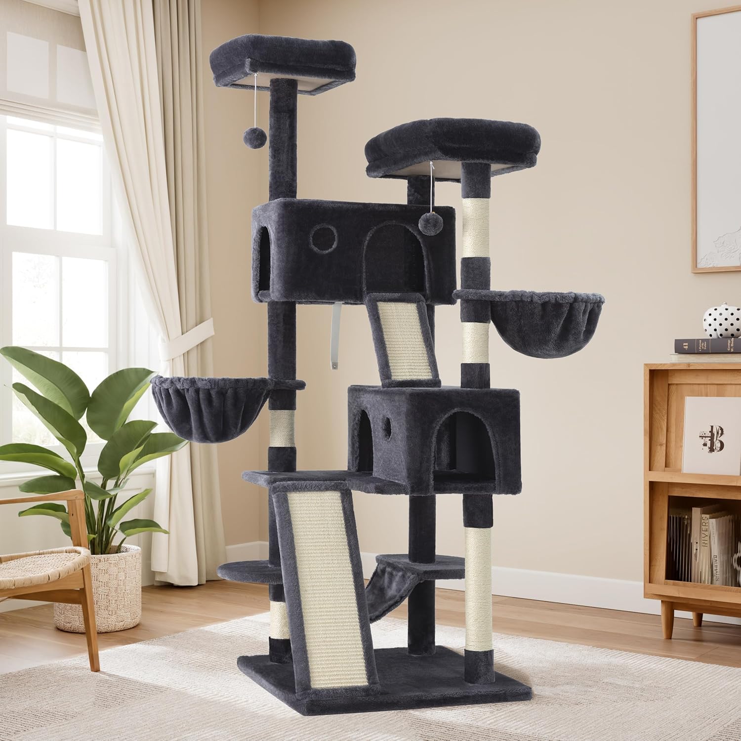 Allewie 65in Multi-Level Tall Cat Tree for Indoor Kitties/Larger Tower with Wide Base/Cozy Plush ‌Pussycat Perches/Cat Condo with Hammock/Sisal Scratching Posts/Dark Grey
