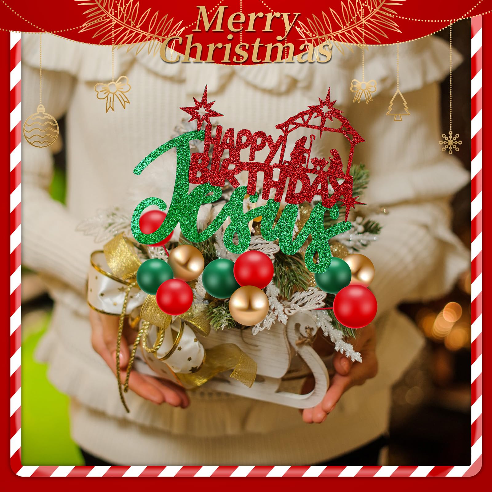 Cinnvoice 31 piezas de decoración para tartas de Navidad con purpurina de Jesús, decoración de pastel de bola, verde, rojo, dorado, belén, decoración para Navidad, vacaciones, boda, aniversario,