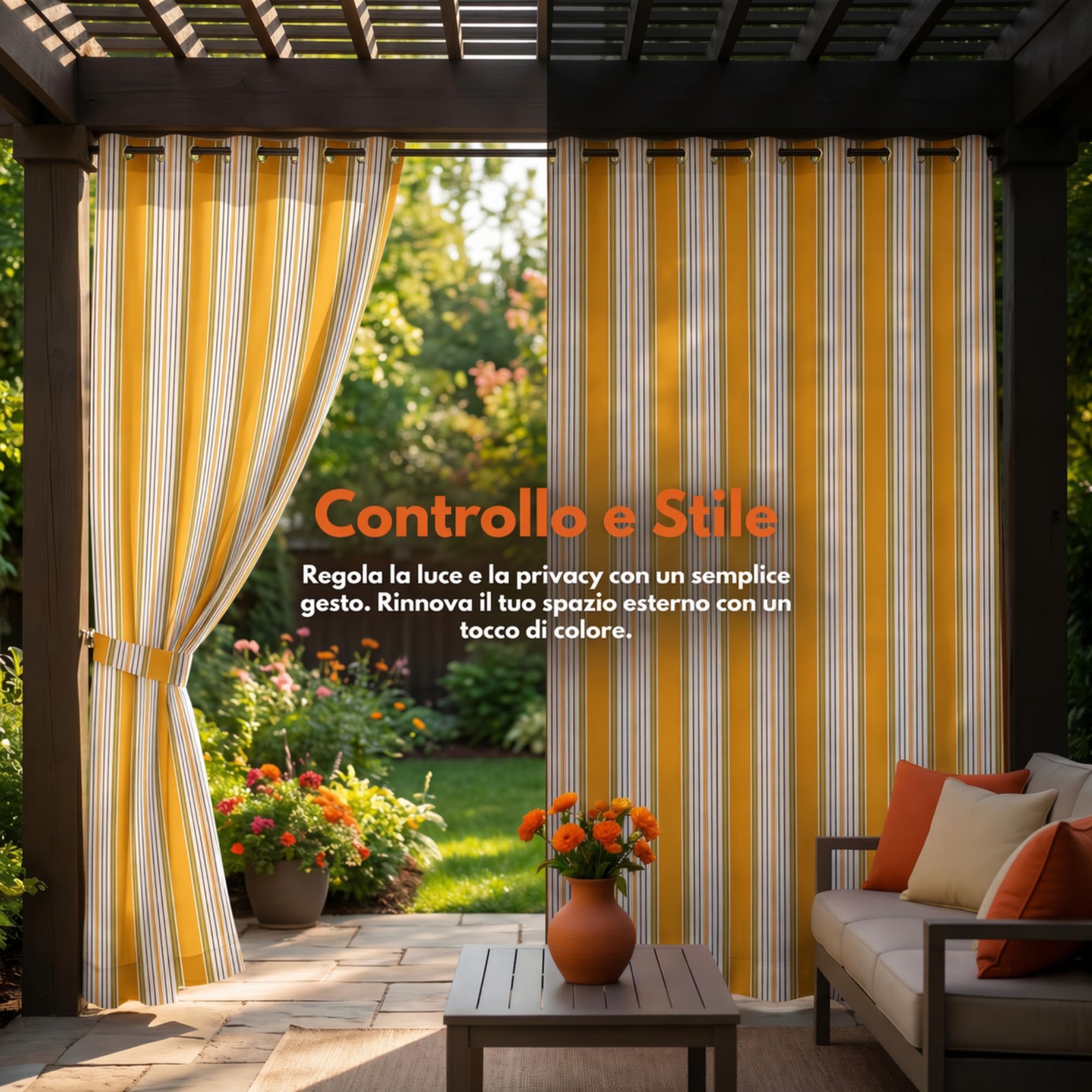 Toldo Vertical Exterior 145 x 290 cm, Cortina Exterior para Terraza y Balcón con Anillas, Protección Solar, Sombra y Privacidad, Diseño a Rayas para Jardín Patio Porche,Amarillo