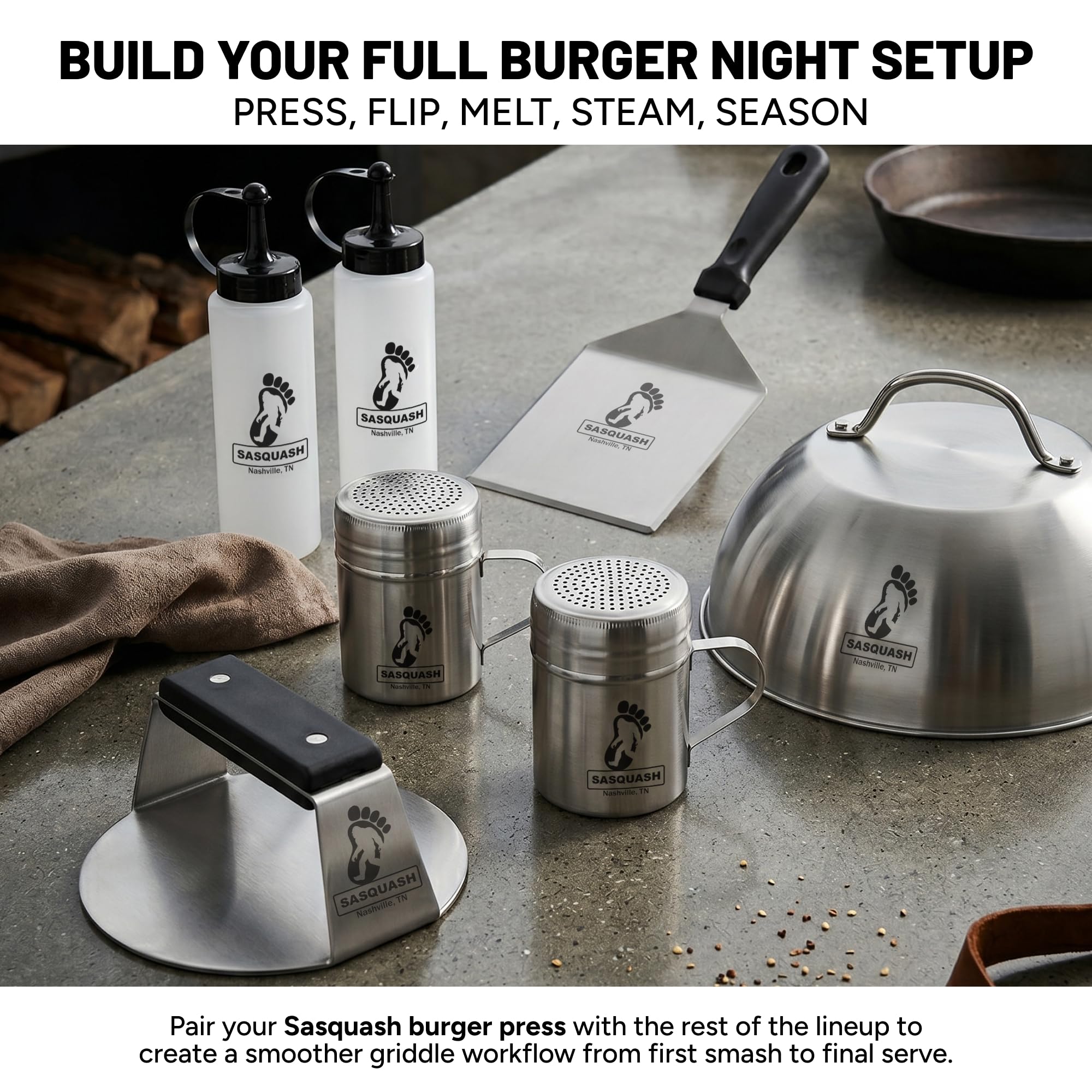 Sasquash Spatola, Spatola in acciaio inox, spatola per hamburger Mammoth Smash per uso in cucina, tornitrice per hamburger extra larga, utensile da griglia con parte superiore piatta, accessori da