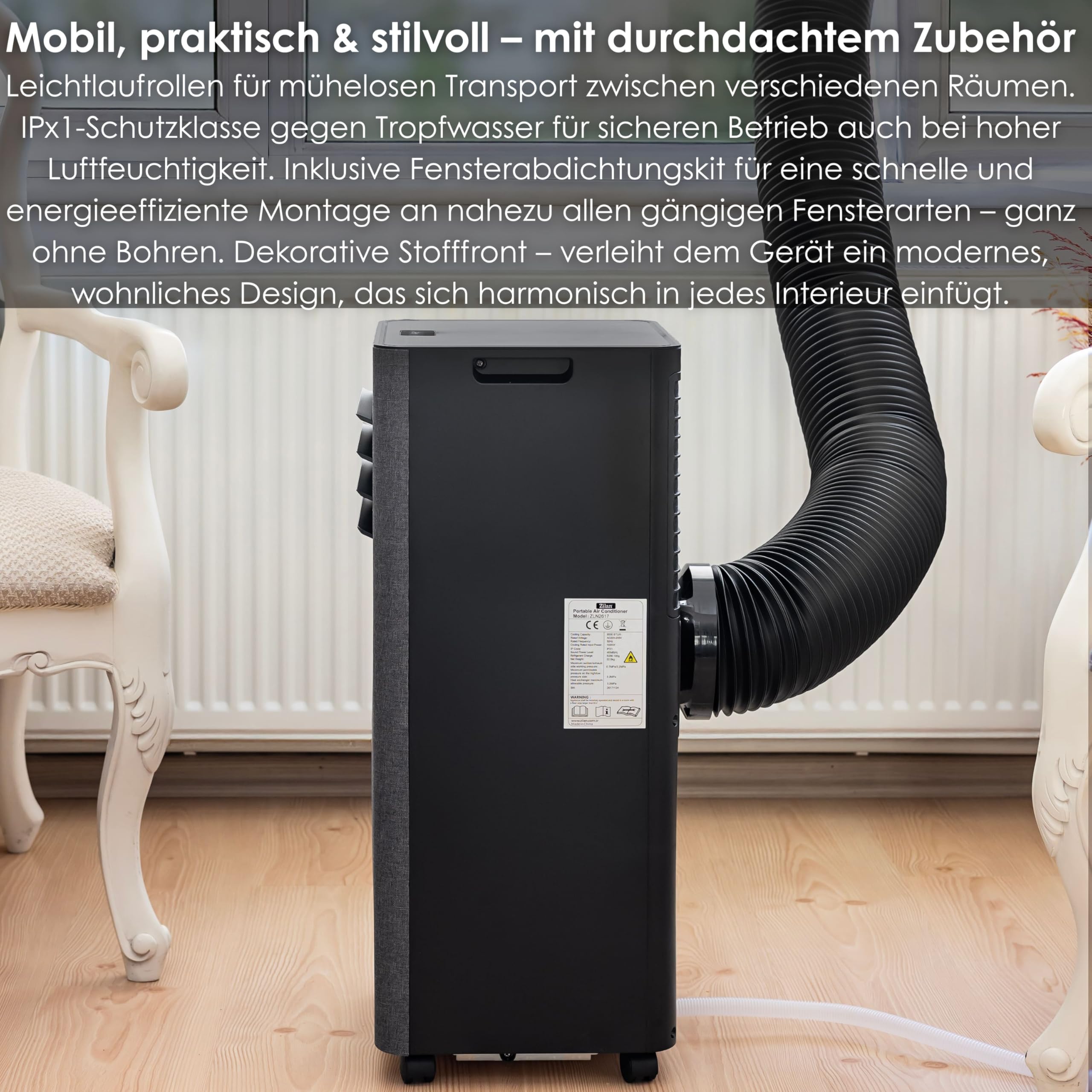 Zilan Mobile Klimaanlage 9000 BTU mit WLAN & Abluftschlauch, 3-in-1 Mobiles Klimagerät – Kühlen, Entfeuchten & Ventilator, leise, inkl. Fensterabdichtung & Fernbedienung, Timer, Wifi App-Steuerung