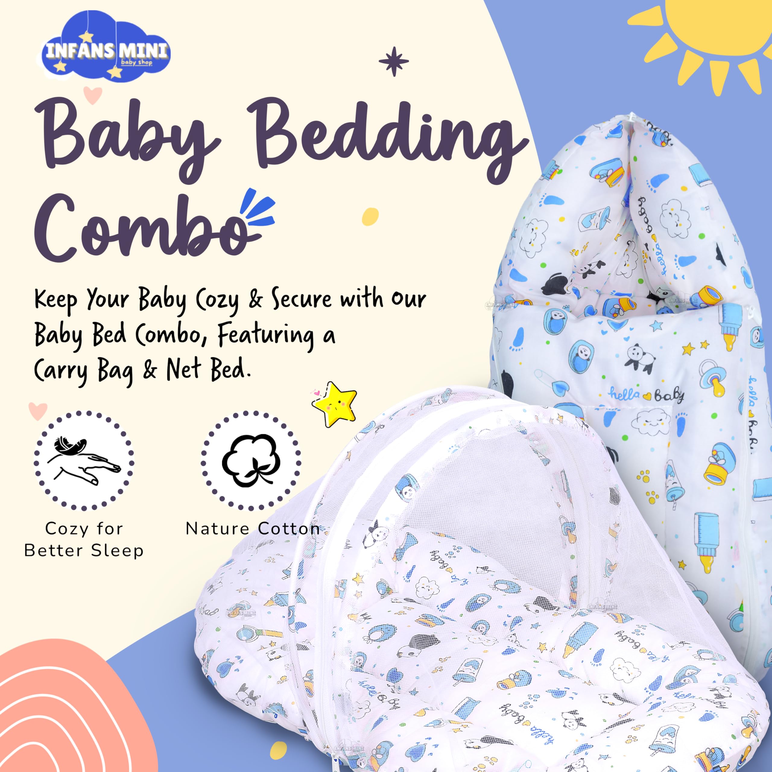 Panda Blue Baby Bedding Set - Sleeping Bag & Mosquito Net -2