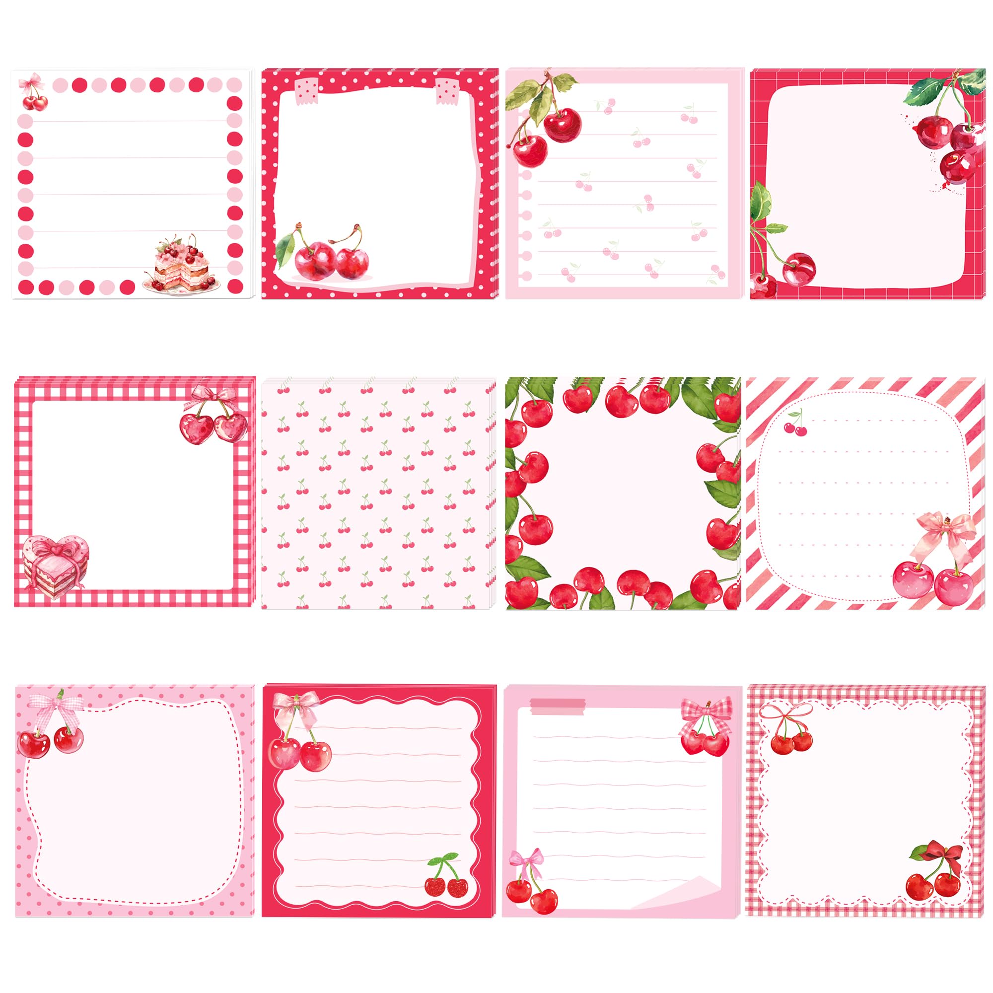 240 Sheets/12 Pads Pink Cherry Sticky Notes Summer Fruits Self-Adhesive Writing Notepads for Student Teacher to-Do List Post Its Message Reminder Choir Gift Appreciation Gifts School Office Supplies