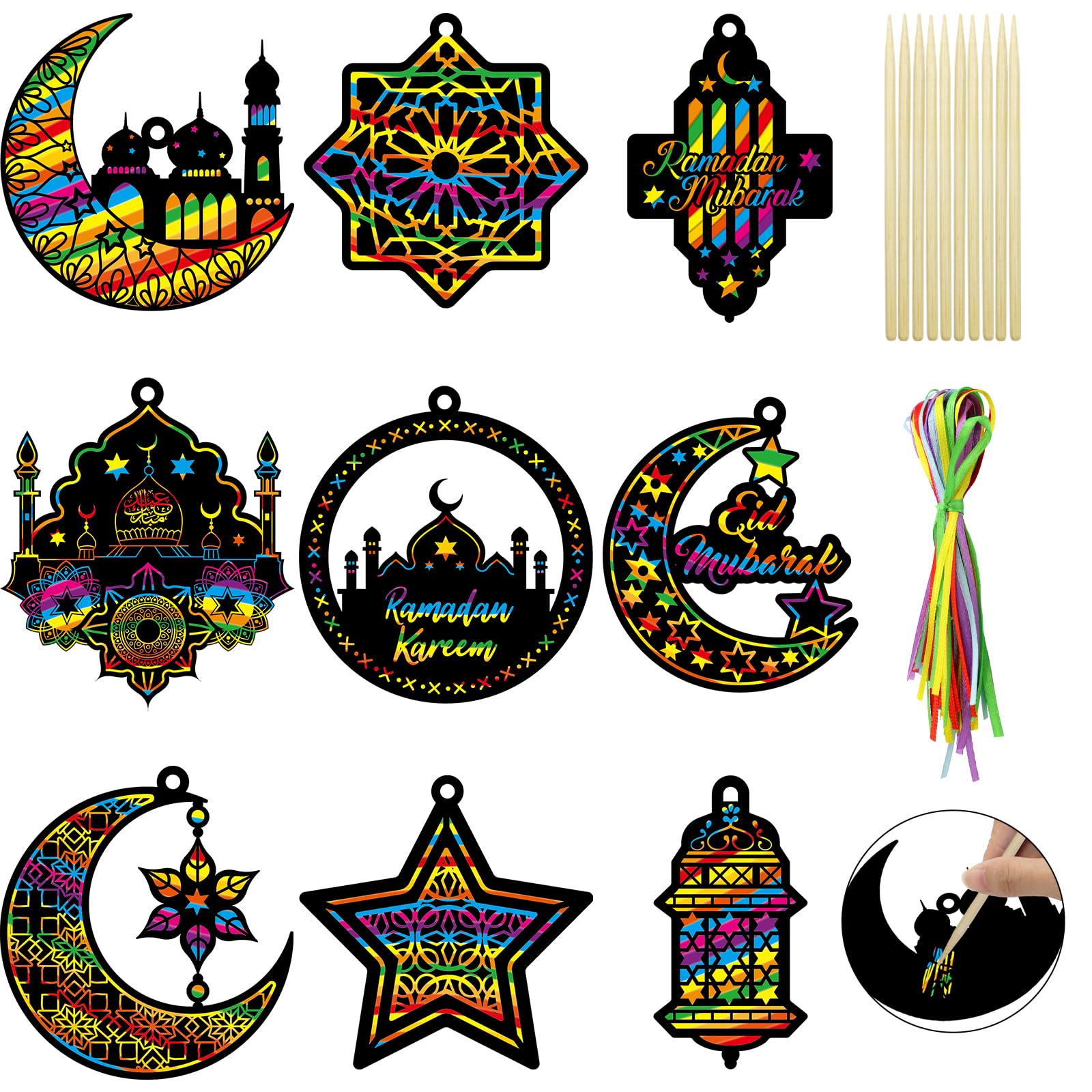 Fancy Land 45 Pcs Ramadan Scratch Paper Art Kit Crafts for Kids Eid Mubarak Scratch Off Cards DIY Rainbow Hanging Ornament Al-fitr Ramadan Gifts Decorations Drawing Activities-image-18