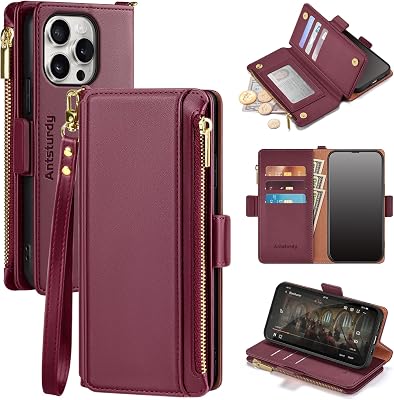Antsturdy Compatible with iPhone 16 Pro Wallet Case,RFID Blocking PU Leather Phone Case Women Men Kickstand Flip Cover Wrist Strap Zipper Credit Card Holder Slots for Apple 16 Pro 6.3",Wine Red