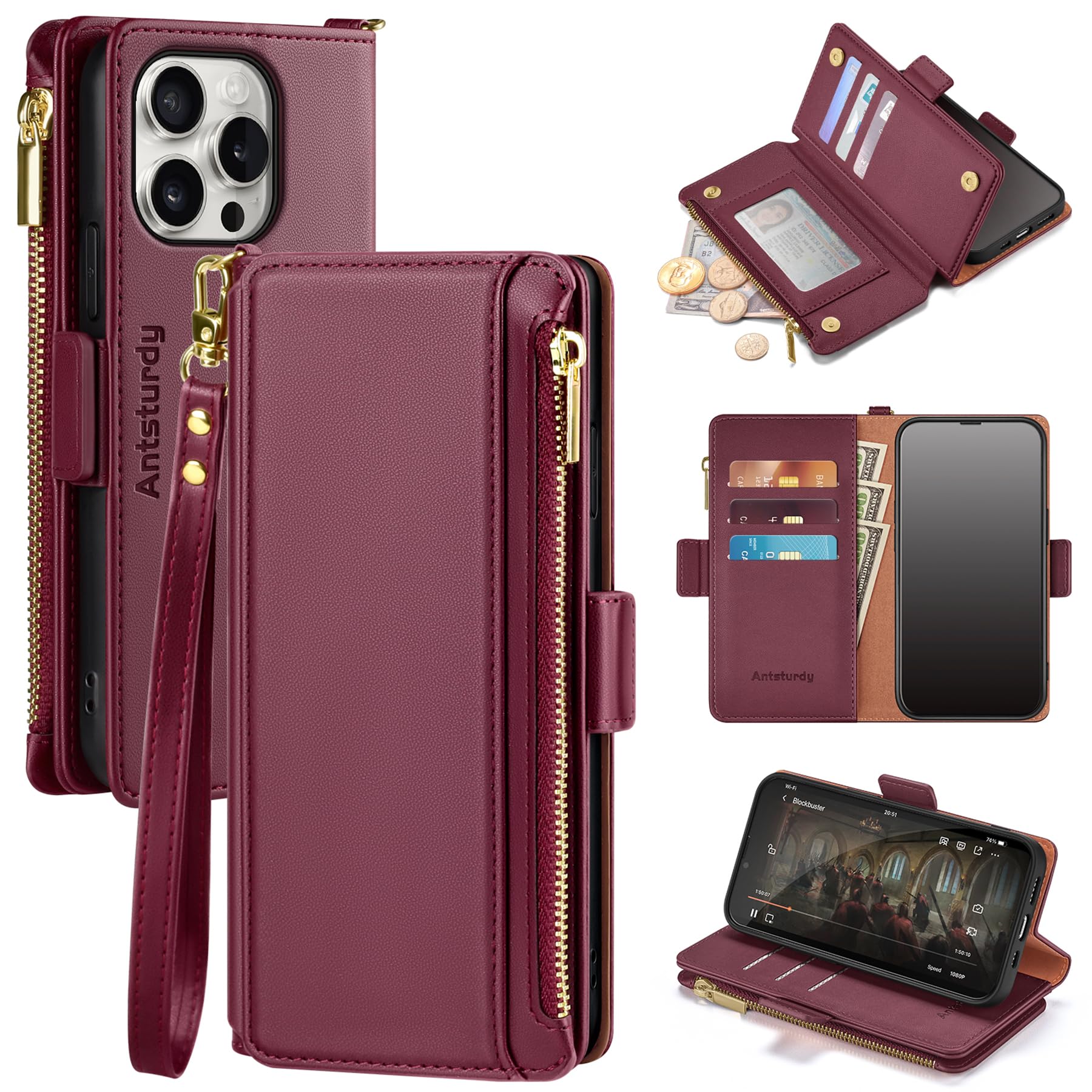 Antsturdy Compatible with iPhone 15 Pro Wallet Case Card Holder?RFID Blocking? PU Leather Phone Case Women Men flip Protective Cover Wrist Strap Zipper Credit Card Slots,for Apple 15 Pro,Wine Red