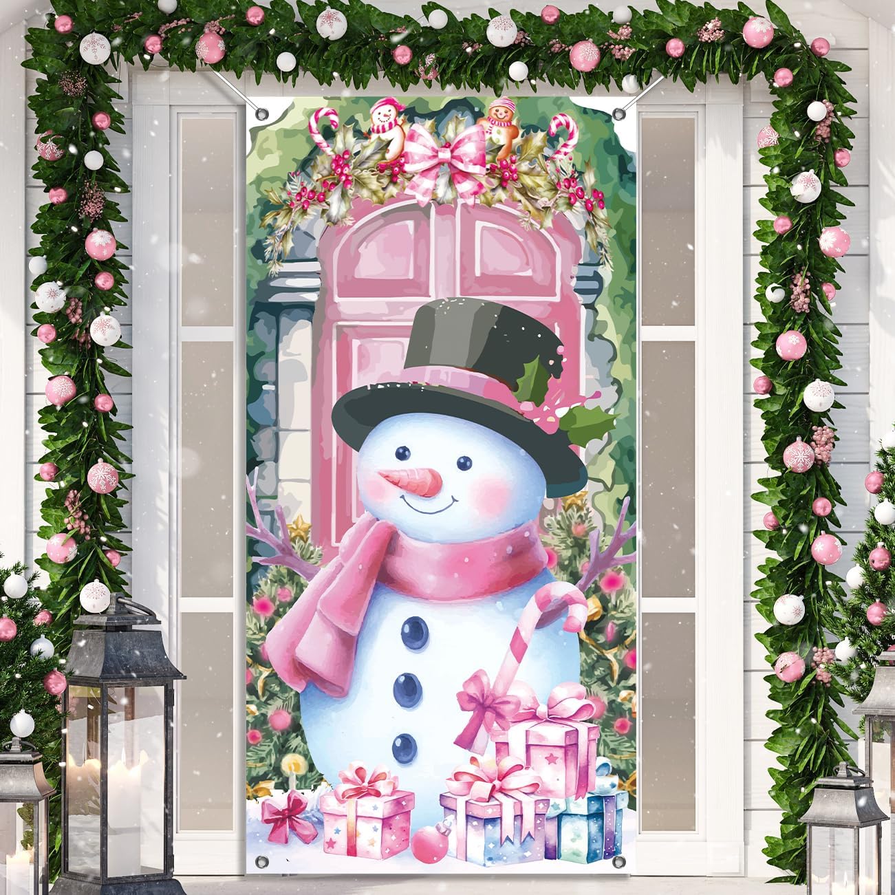 Pink Snowman Christmas Door Cover - Xmas Front Door Banner Decorations for Indoor Outdoor Winter Holiday Party Decor