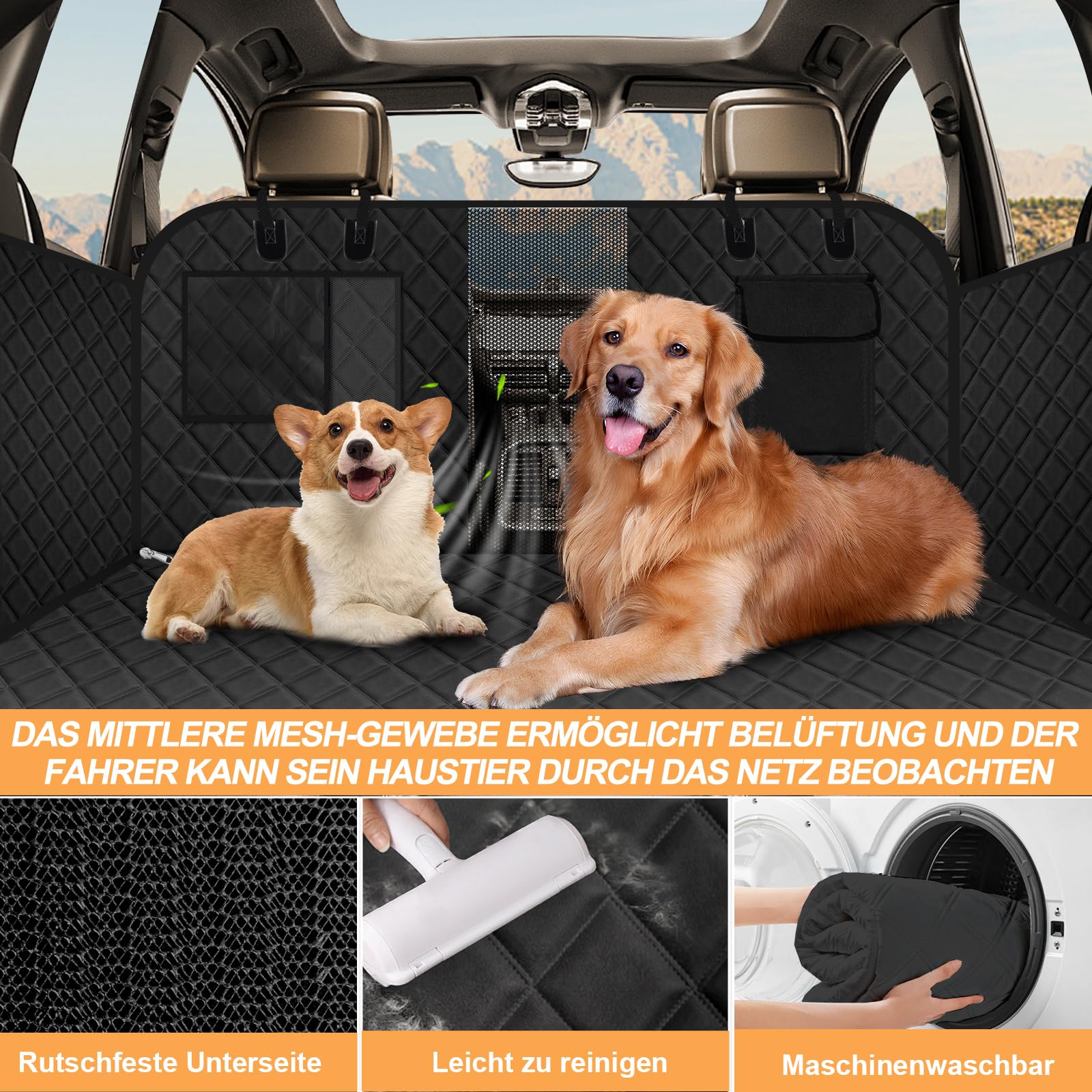 Hundedecke Auto Rückbank[132x66cm] - wasserdichte, Kratzfeste & Reißfeste Autoschondecke mit 300 Pfund Traglast, Stabilem Hartschalenboden, Belüftungsnetz & Sicherheitsgurt–Für Autos,SUV