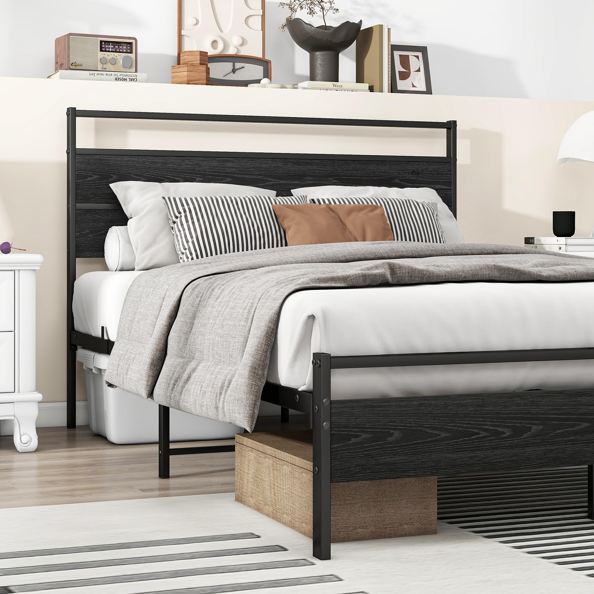 Zwart Bedframe Industriële Stijl HOJINLINERO Bedframe Van Metaal, Hout, Eenpersoonsbed, Metalen Bed 90 X Tweepersoonsbed Met Lattenbodem