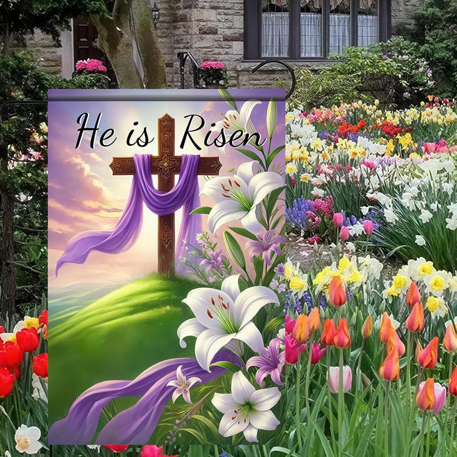 He Is Risen Easter Garden Flag 12x18 Inch Double Sided Religious Garden Flags, Christian Cross Easter Yard Flag Outdoor Spring Decoration for Lawn, Yard & Garden - Image 3