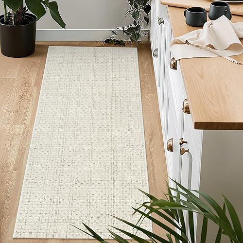 Miniatura 7 de Alfombra tejida a mano color beige, alfombra de baño lavable de 2 x 4 pies, tejida reversible moderna alfombra de pasillo de granja, alfombra de