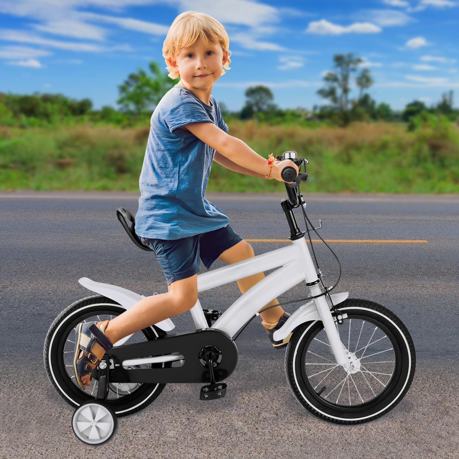 Regalo Niños Aprendizaje Ciclismo LENJKYYO Bicicleta Infantil De 14 Pulgadas, Para Niños Y Niñas, Con Ruedas Estabilizadoras Y Sistema De Frenado Dual, Para Niños A Partir De 3-6 Años, Altura Ajustable (blanco