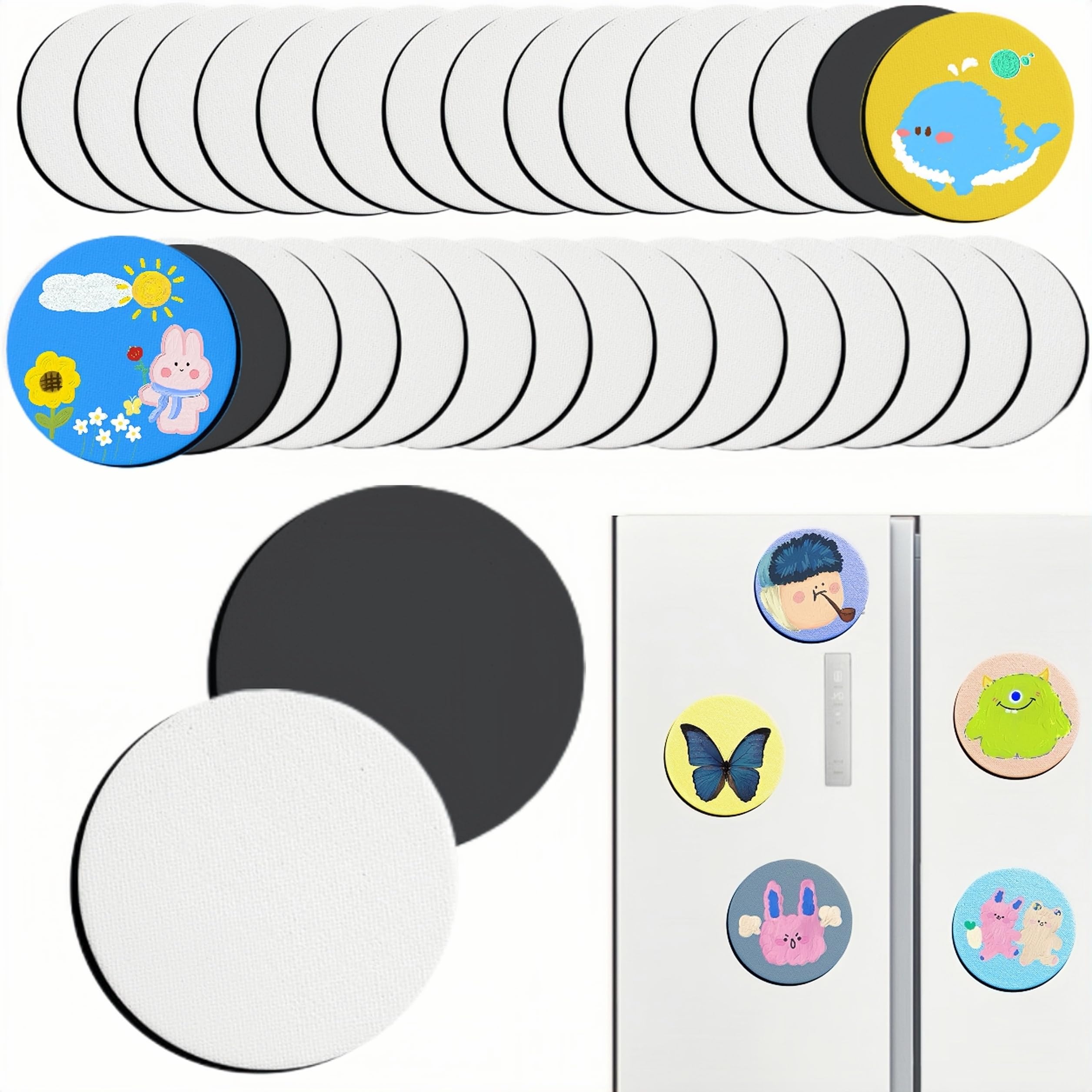 30 Pcs Round Canvas for Painting Panel Mini Magnetic Canvases Boards for Painting Art Crafts for Girls Tweens Gift DIY Fridge Magnets Decor (3",Round