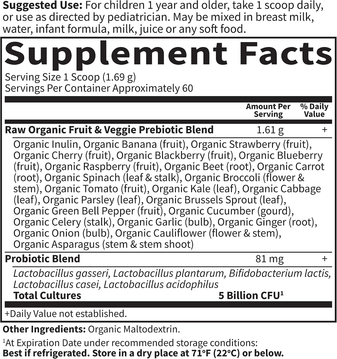 Garden of Life Raw Probiotics Kids - 5 Billion CFU - Whole Food Probiotic for Gut Health & Immune Support - for Children Ages 1 Year & Older - 60 Servings