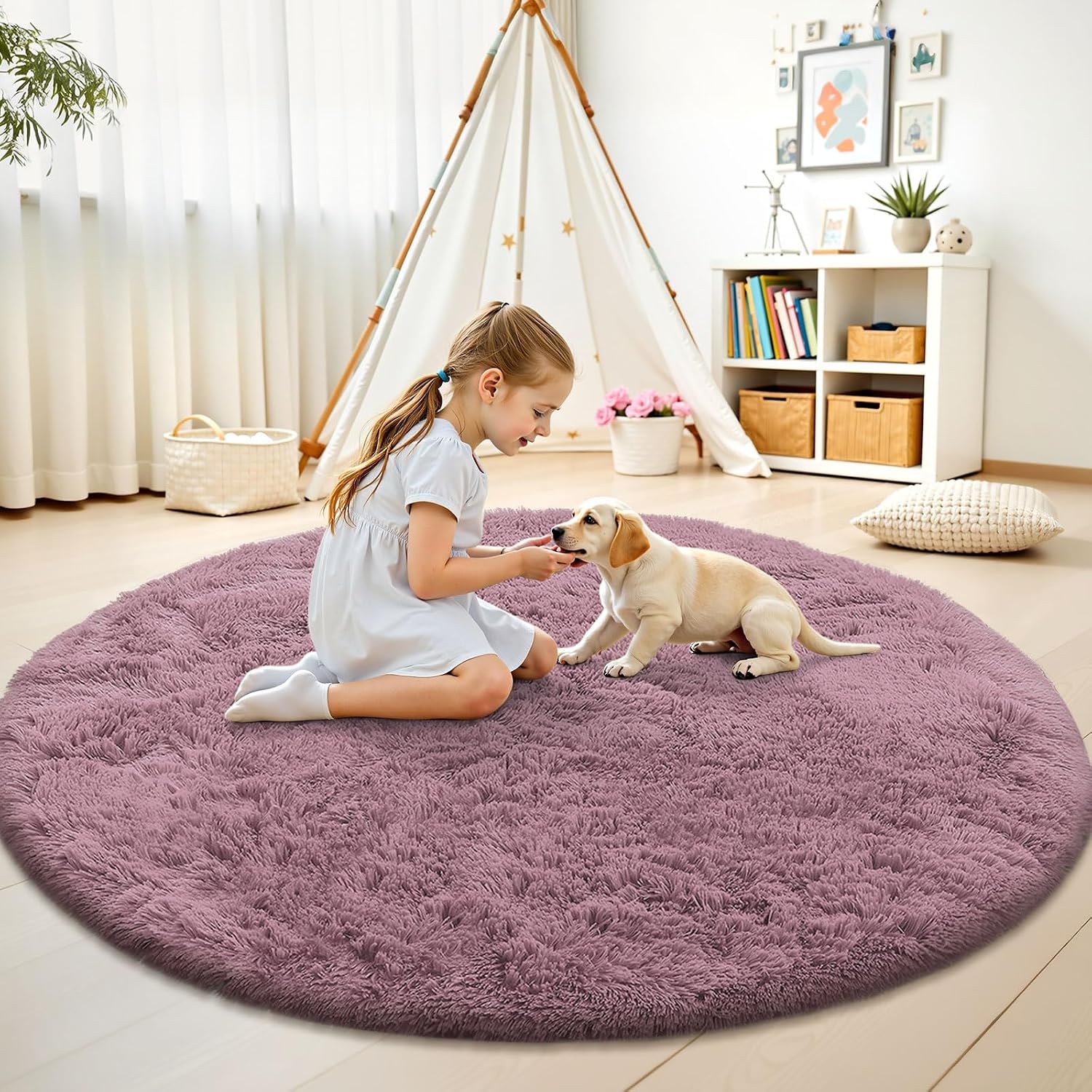 (Possibly Used)OLANLY Blush Round Rugs for Bedroom - Machine Washable, 6 ft Circle Area Rugs for Living Room, Soft and Fluffy Shaggy Carpet for Teen Girls and Boys, Nursery Rooms, Dorms, Home Decor Aesthetic 6 Ft Round Blush
