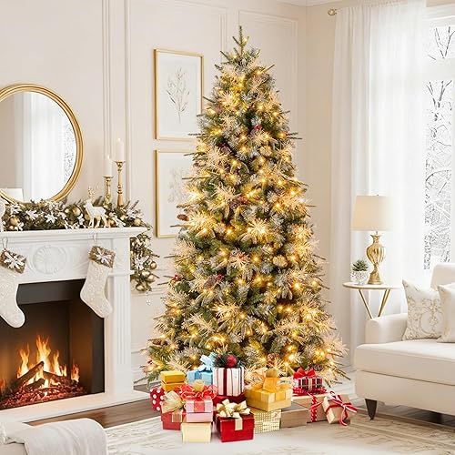 Miniatura 3 de HAPPYGRILL Árbol de Navidad artificial preiluminado de 7 pies, árbol de Navidad con bisagras con 350 luces LED blancas cálidas, 8 modos, 1072 puntas
