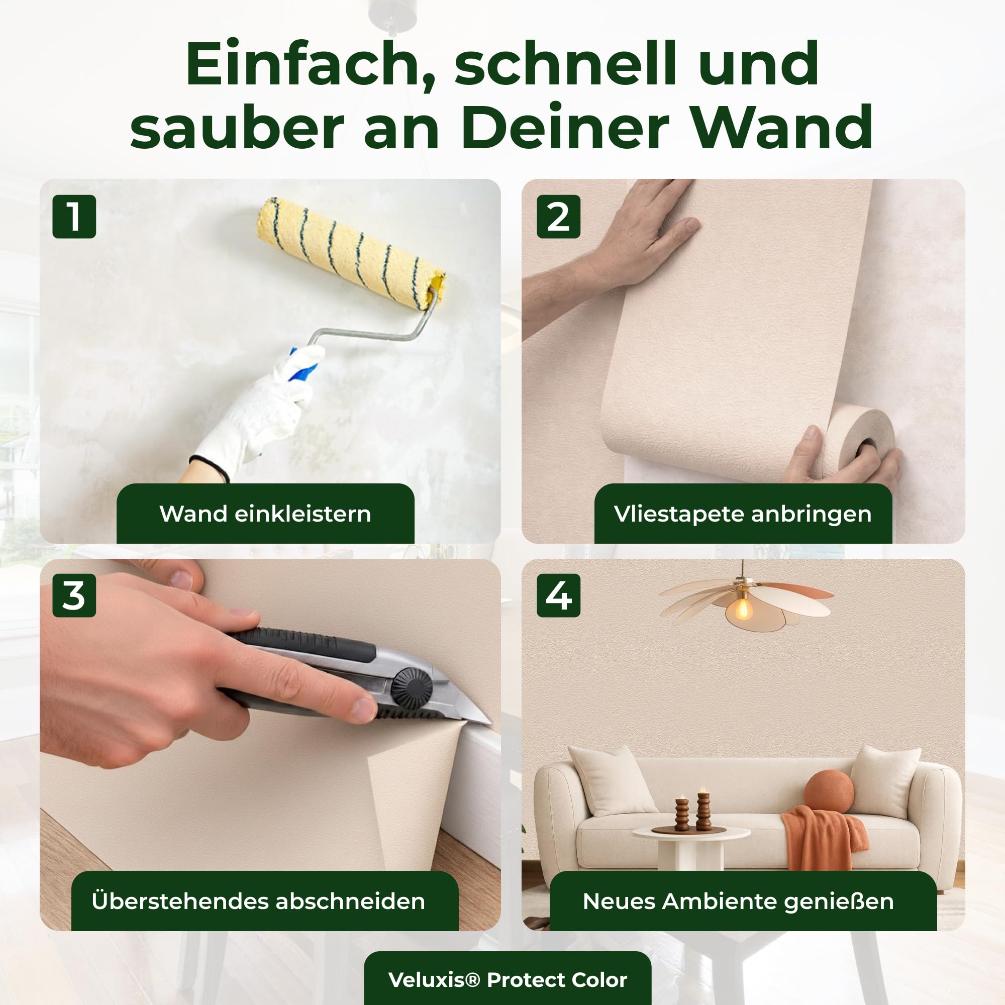 Vliestapete 4er-Set PROTECT COLOR Beige – 10,05 m × 0,53 m | kein Anstrich notwendig, kratz- & stoßfest, rissüberbrückend, Made in Germany