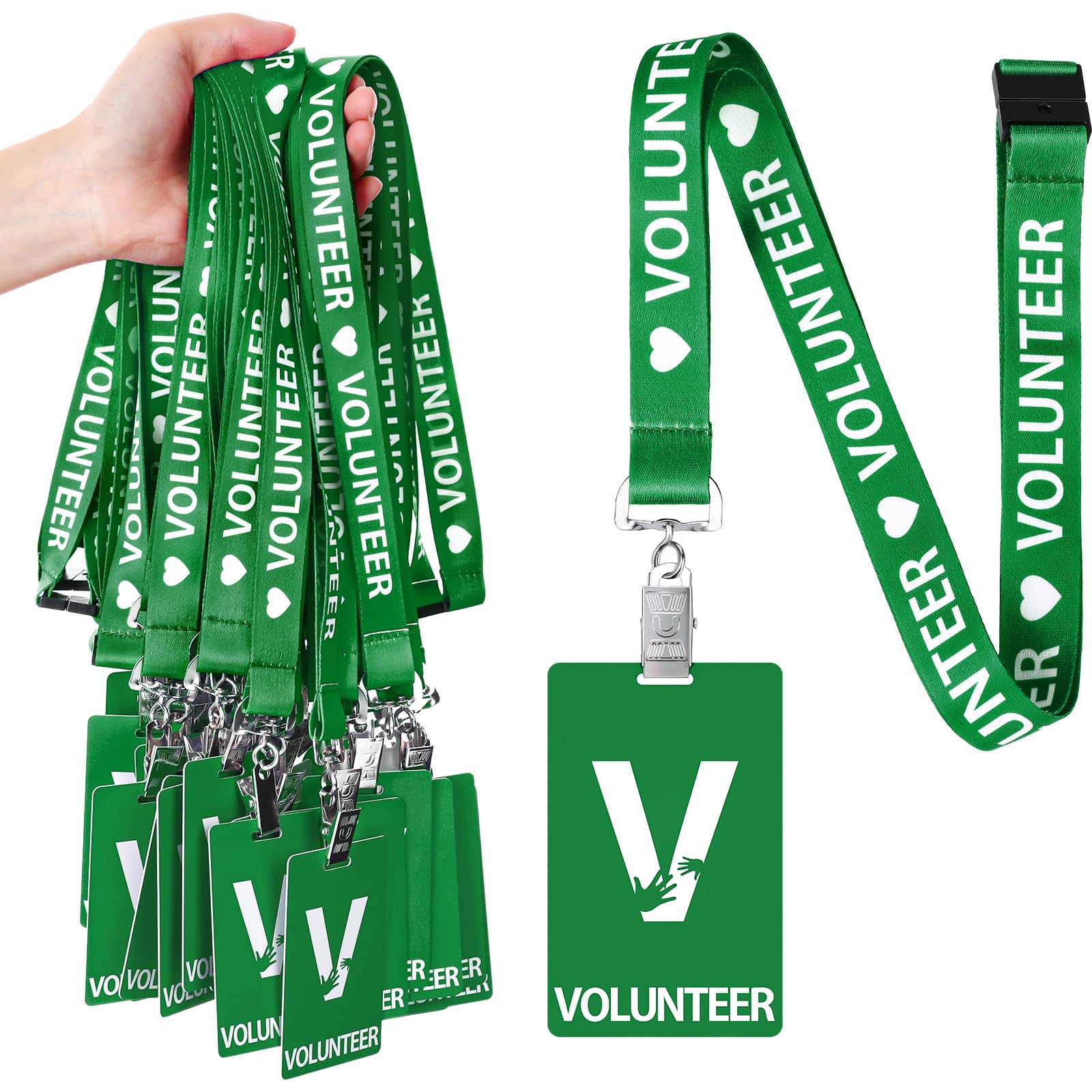Colarr 25 Pack Volunteer Lanyard with PVC Plastic Card Pass Volunteer Identification ID Badges Bulk Breakaway Lanyard for Activity, Fundraising, Church, School, Events(Green)
