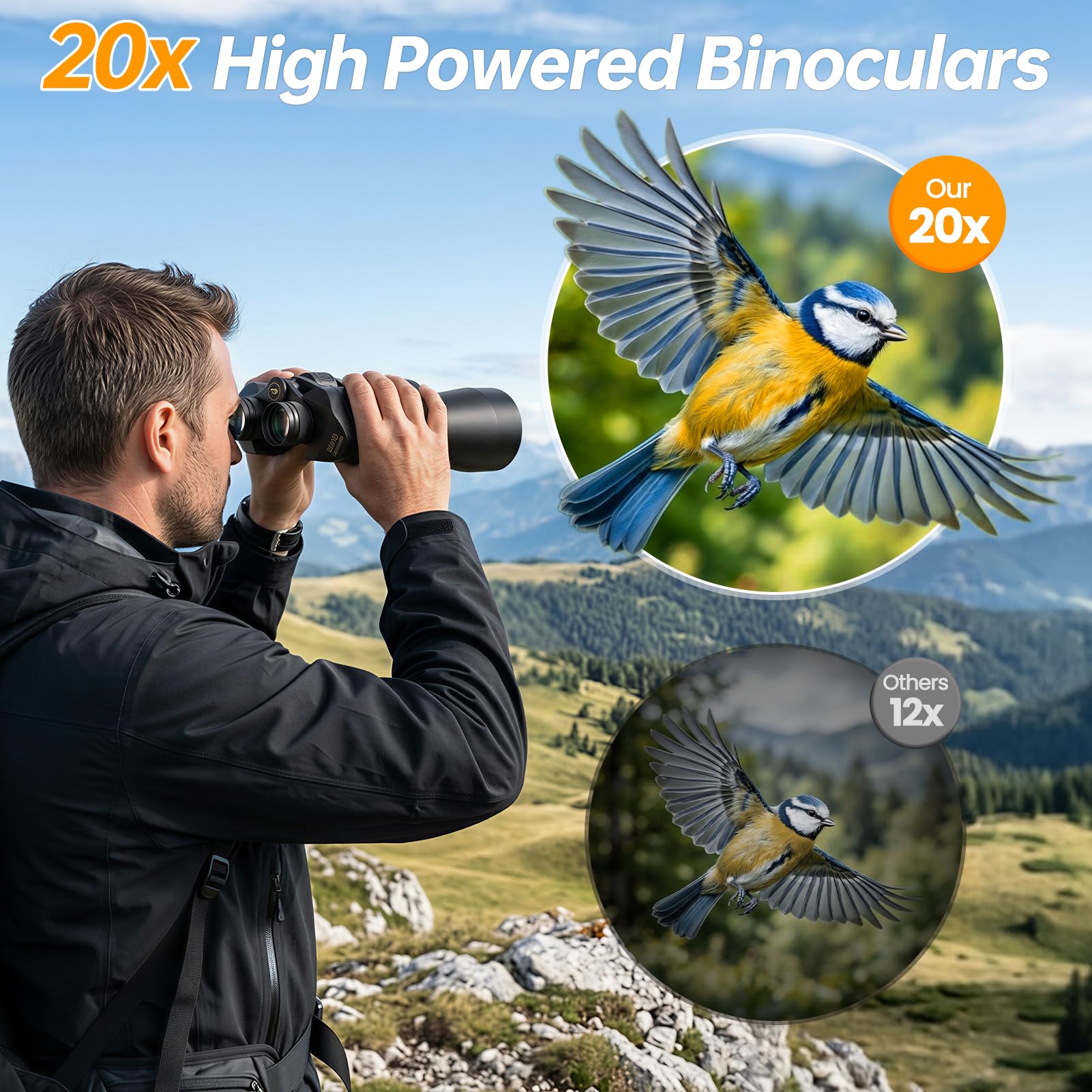 Aurosports Binocolo 20 x 70 per bird watching, ad alta potenza, per osservare le stelle, binocolo HD a lungo raggio per caccia, sport all'aria aperta, escursionismo, viaggi