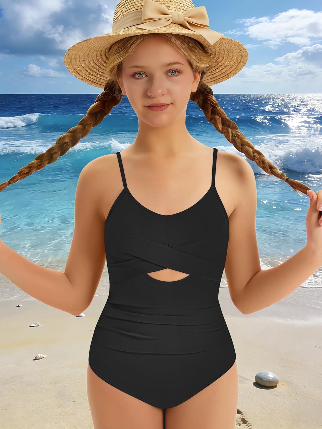 Girl Swimsuit One Piece Bathing Suit Cutout Adjustable Straps Padded High Waisted Girls Swimwear 9-16y - Image 7