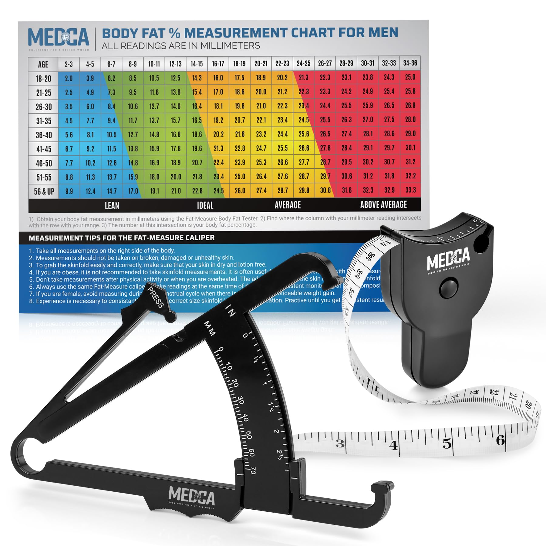 MEDca Body Fat Caliper and Measuring Tape - Skinfold Calipers and Body Fat Tape Measure Tool for Accurately Measuring BMI and Weight-Loss, Black