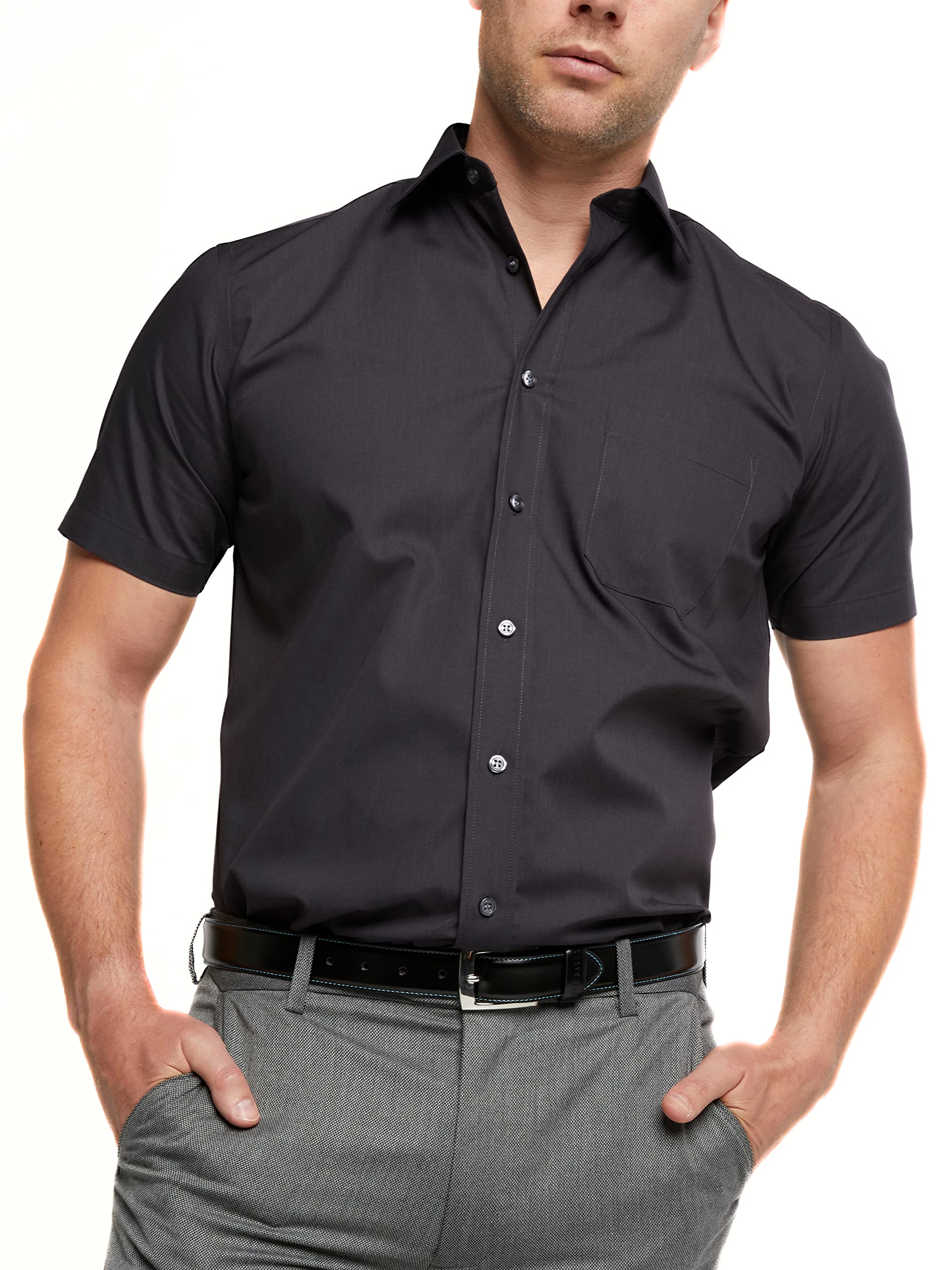 Double TWO - Men's Short Sleeve Shirt (3300) - Classic Fit, Easy Care, Formal Business Shirt (Black, 15.5)