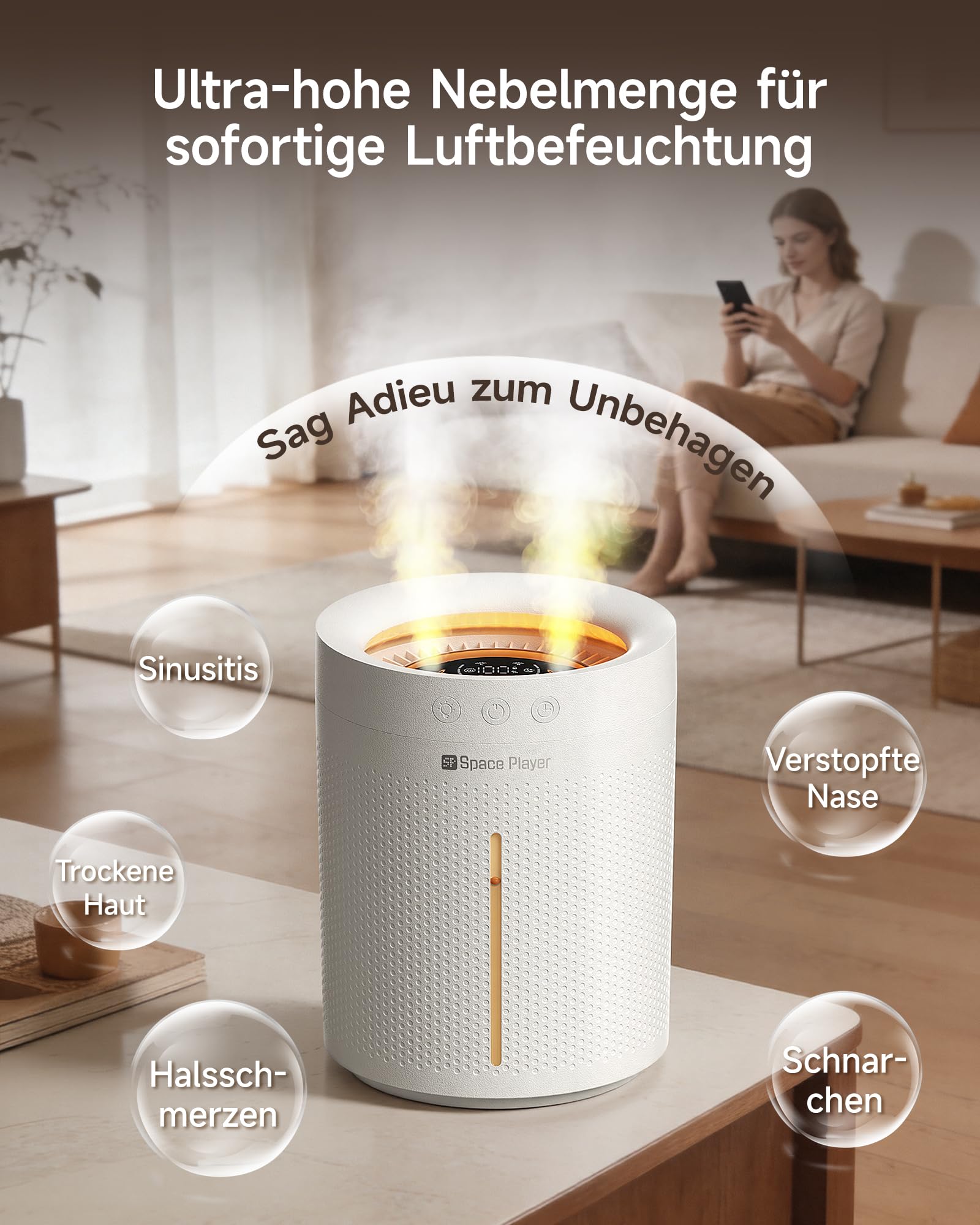 Space Player Luftbefeuchter Schlafzimmer Leise 3L Top-Fill Ultraschall, Kabellos 4000mAh Akku, Kaltnebel Luftbefeuchter mit Timer 2-8H, Auto Abschaltung Nachtlicht für Baby Kinderzimmer Büro Pflanzen