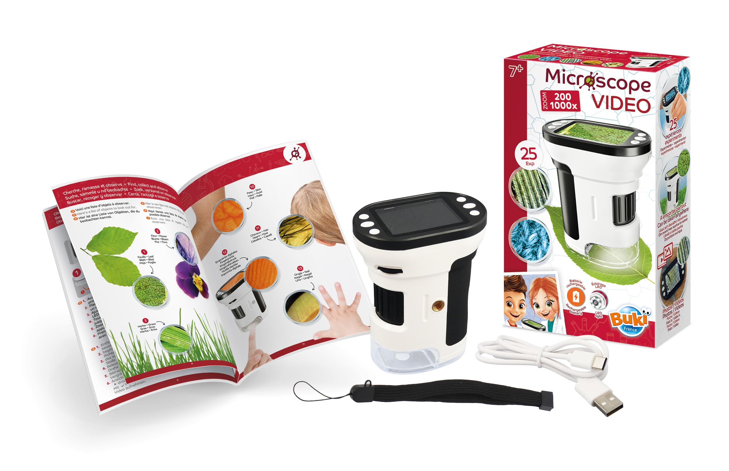 Microscopio video 200X a 1000X per bambini – Display 5 cm – LED integrato – Foto & Video – 25 esperienze incluse – Batteria ricaricabile USB – dai 7 anni – MR350 – BUKI France
