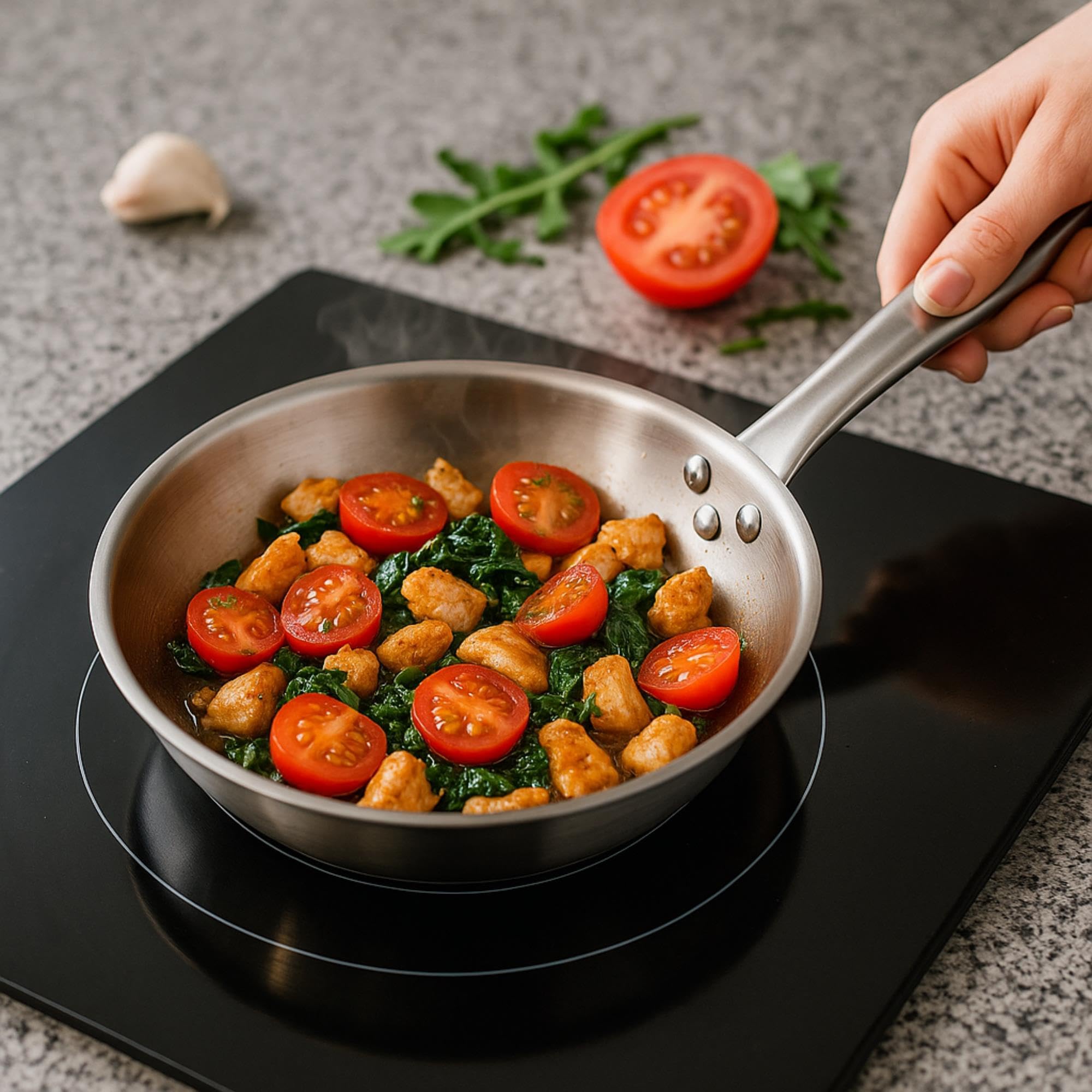 Well Home Set de Batería de Cocina de 8 Piezas y Sartenes en Acero inoxidable Ø20 Ø24 y Ø28 x5cm, Aptas para inducción y SIN antiadherente