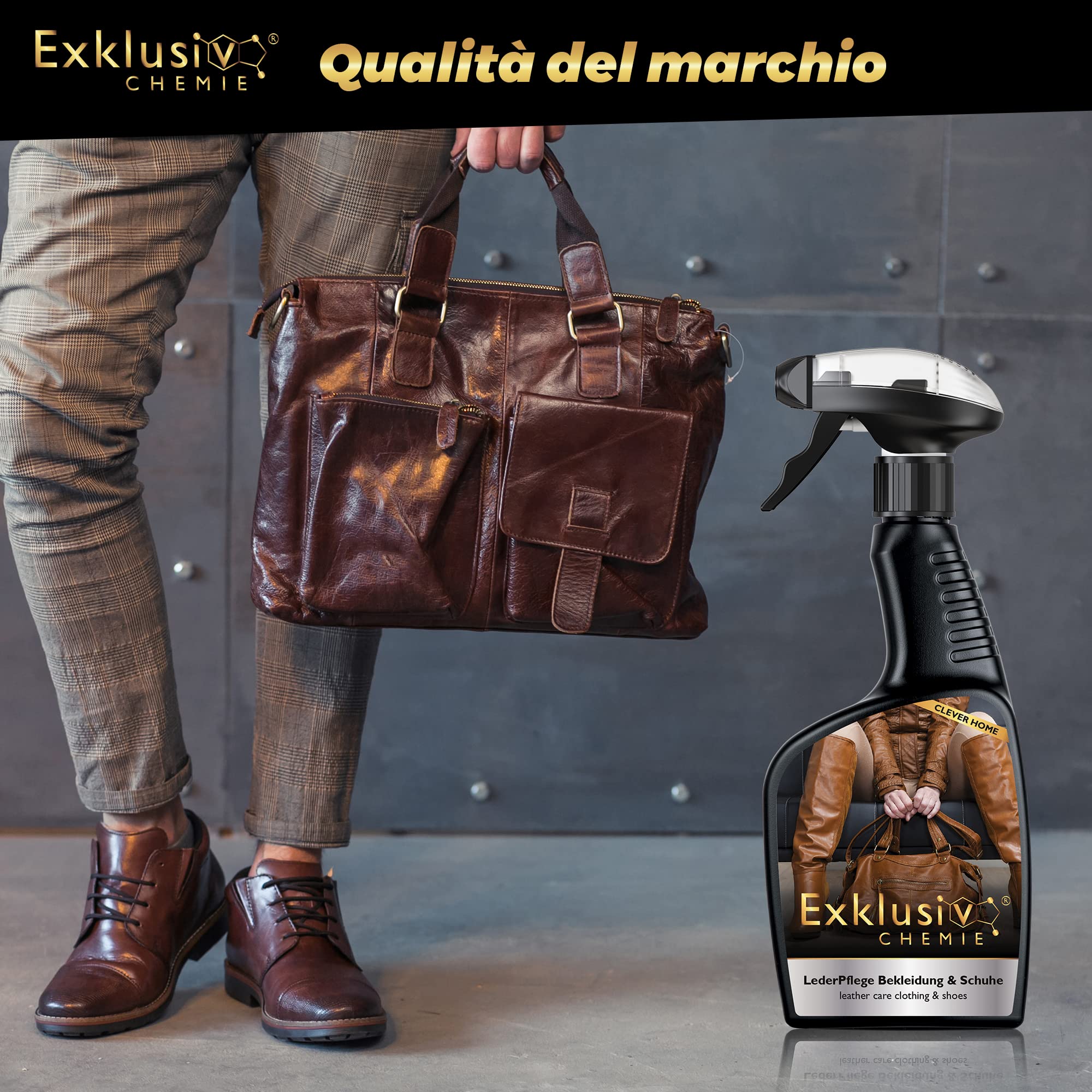 Exklusiv Chemie® Cura della pelle Cura della pelle Abbigliamento e scarpe | Cura della pelle per vestiti e scarpe di pelle | Spray per la cura della pelle | Pulitore per pelle | 500 ml | Per giacche in pelle, scarpe in pelle e borse in pelle