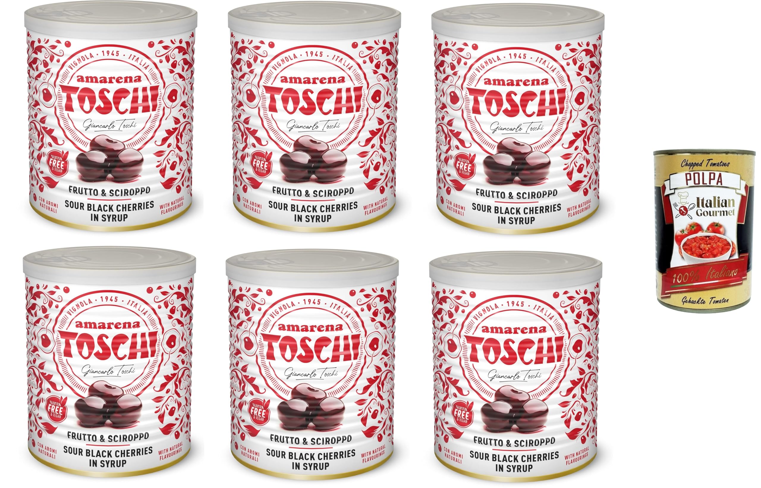 Toschi Amarena kandierte Bonbons in Sirup (50% Frucht und 50% Sirup) zum Dekorieren von Eis und Desserts 6x1 kg + Italian Gourmet polpa 400g