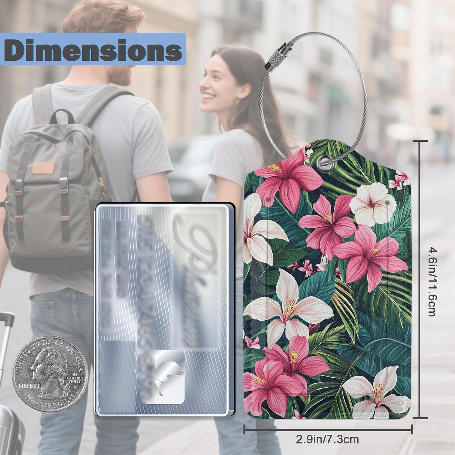 3 Pack PU Leahter Luggage Tag with Stainless Steel Loop,Tropical Flowers Travel Suitcase Labels with Privacy Cover ID Label Quickly Spot for Bags image 2