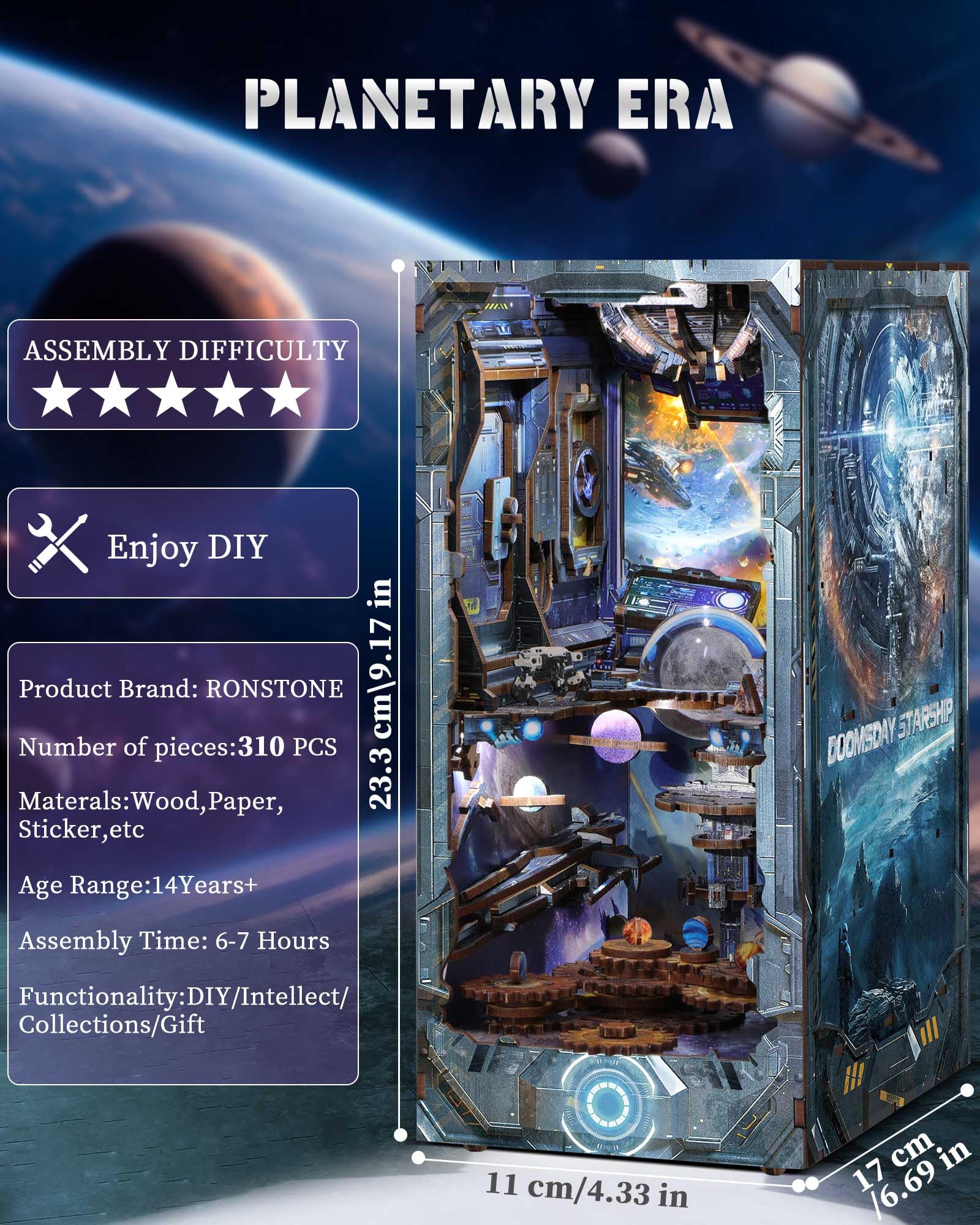 RONSTONE Book Nook Kit - DIY Casa Delle Bambole Booknook con Coperchio Antipolvere - Inserto per Libreria con Luce a Led - Doomsday Starship Craft 3D Puzzle Regalo per Adulti