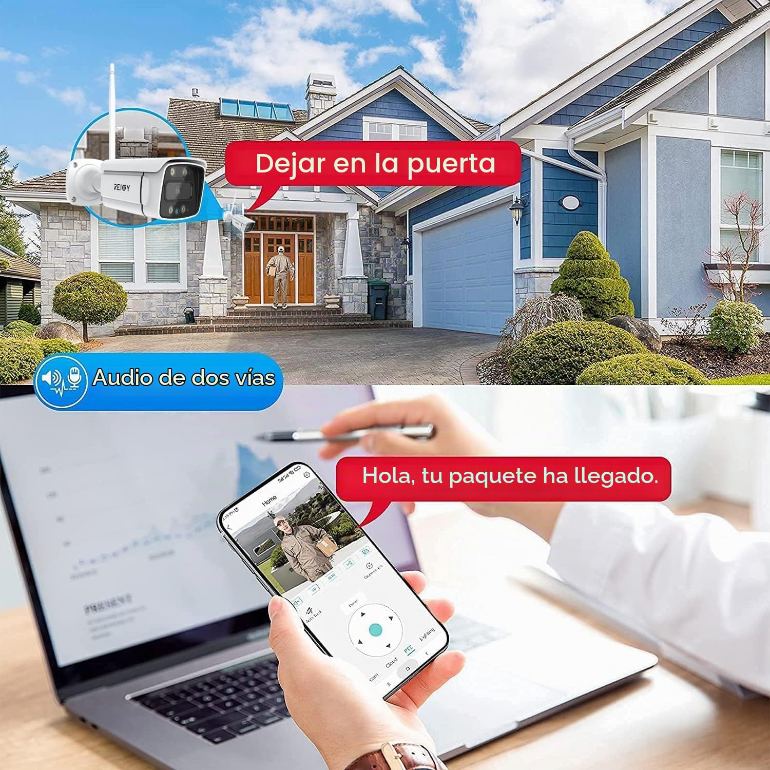 REIGY 10CH 5MP Sistema de Seguridad WiFi Exterior 2TB HDD, Kit Camara de Vigilancia IP, 4X 1920P Camara(2X PT CAM), Visión Nocturna Colorida Detección Movimiento Audio Bidirectionnel